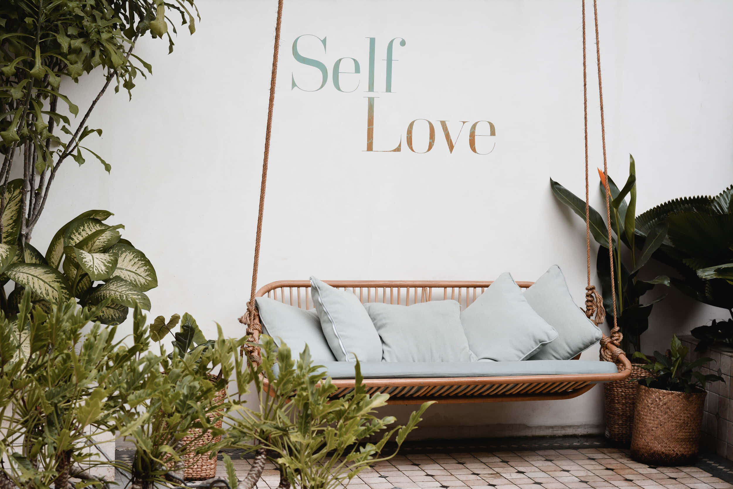 Self Love, rattan swing bed, light blue pillows, Full HD Desktop Wallpaper