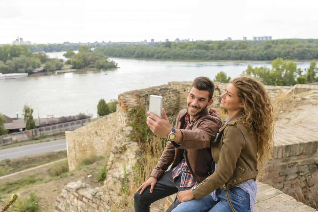 Selfie Man, stone ruin, river, SD Desktop Wallpaper