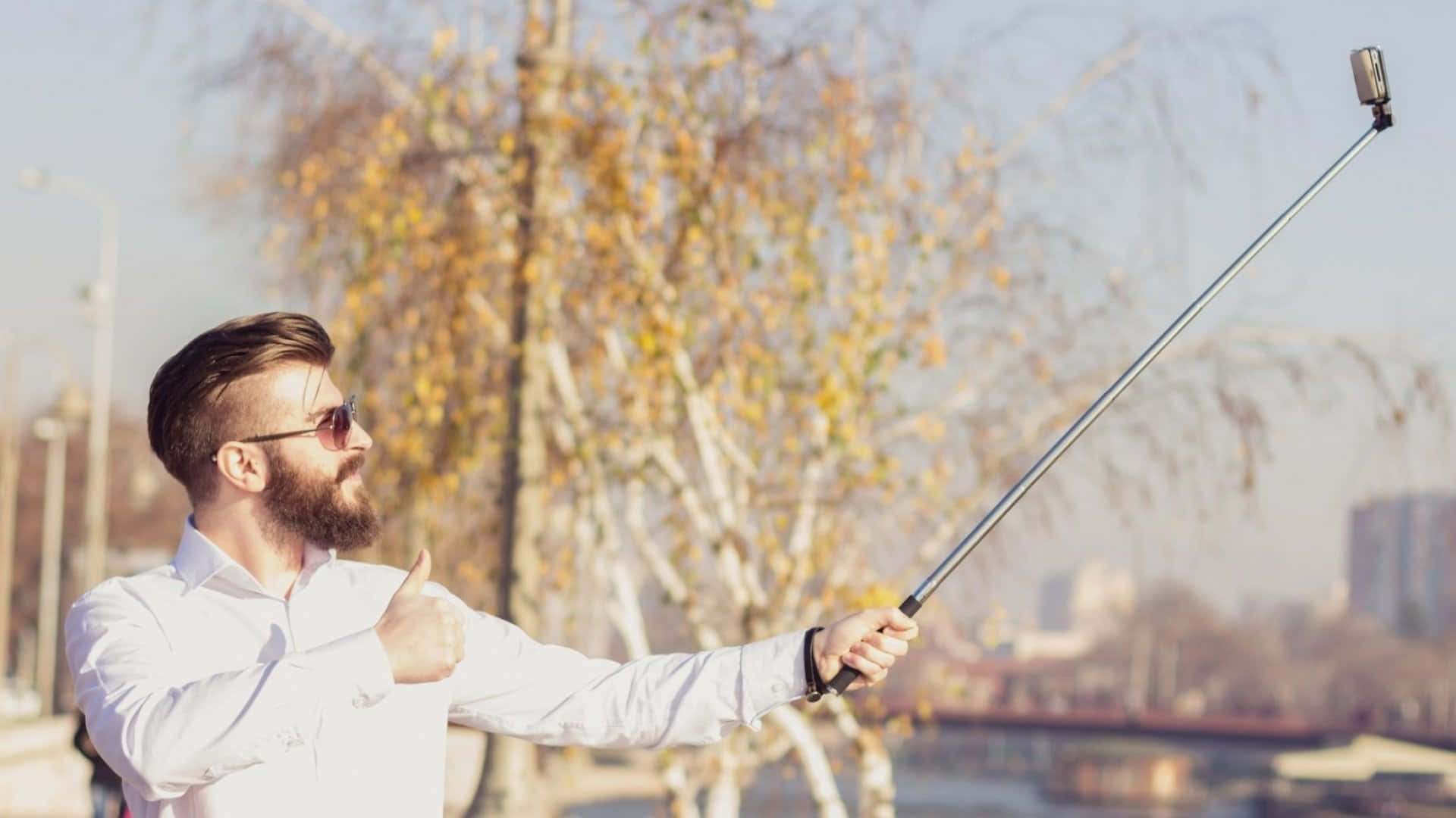 Vain Man With A Selfie Stick, bearded man, white shirt, Full HD Desktop Wallpaper