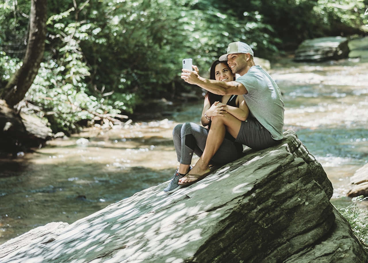 Selfie Man, river, sunlit rock, HD Desktop Wallpaper