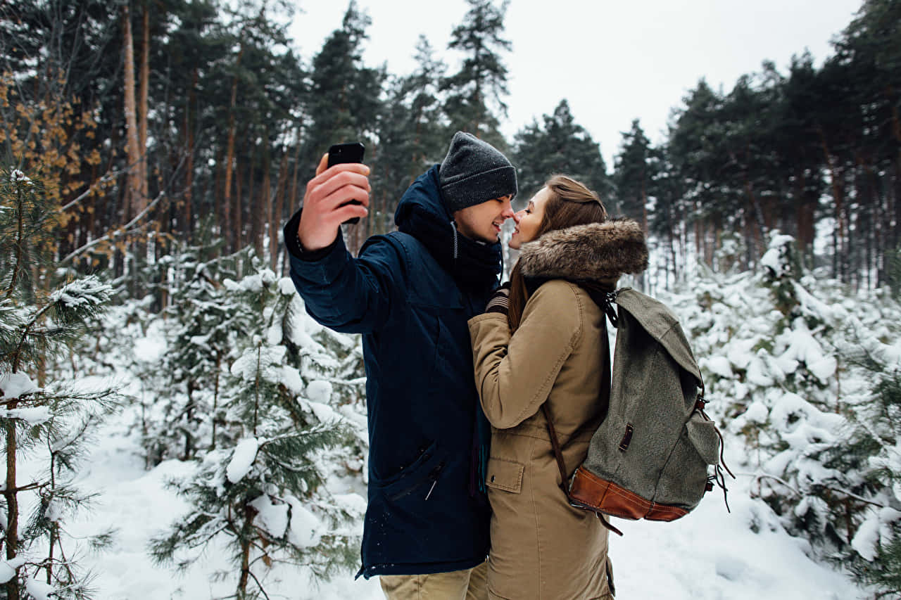 Selfie Man, couple, snowy pine forest, HD Desktop Wallpaper