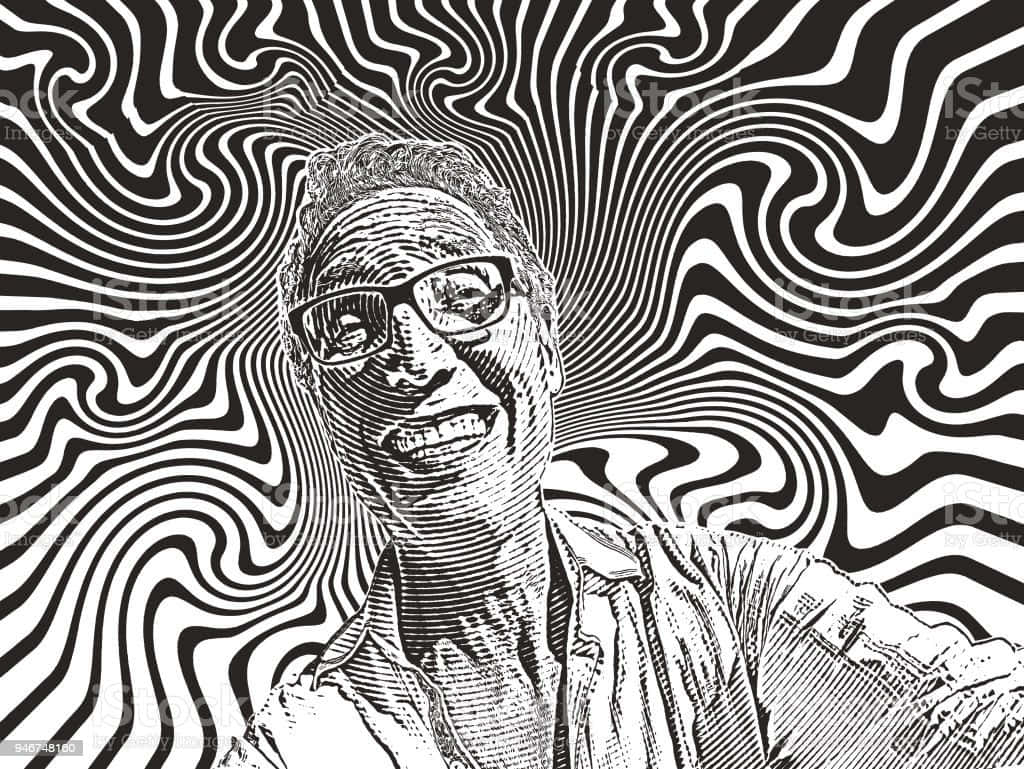 Happy Selfie Man, black and white line-art style, swirling optical illusion background, SD Desktop Wallpaper