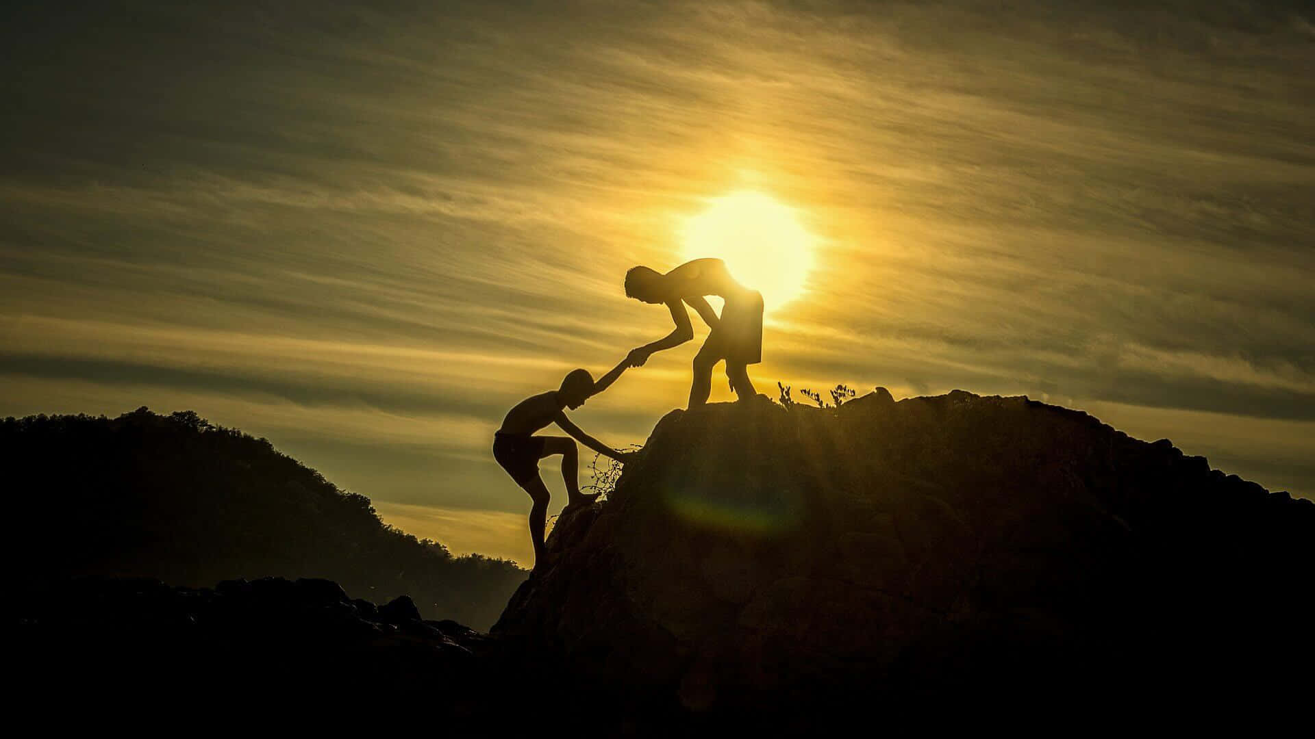 Selfless, silhouetted figures, rocky peak, Full HD Desktop Wallpaper