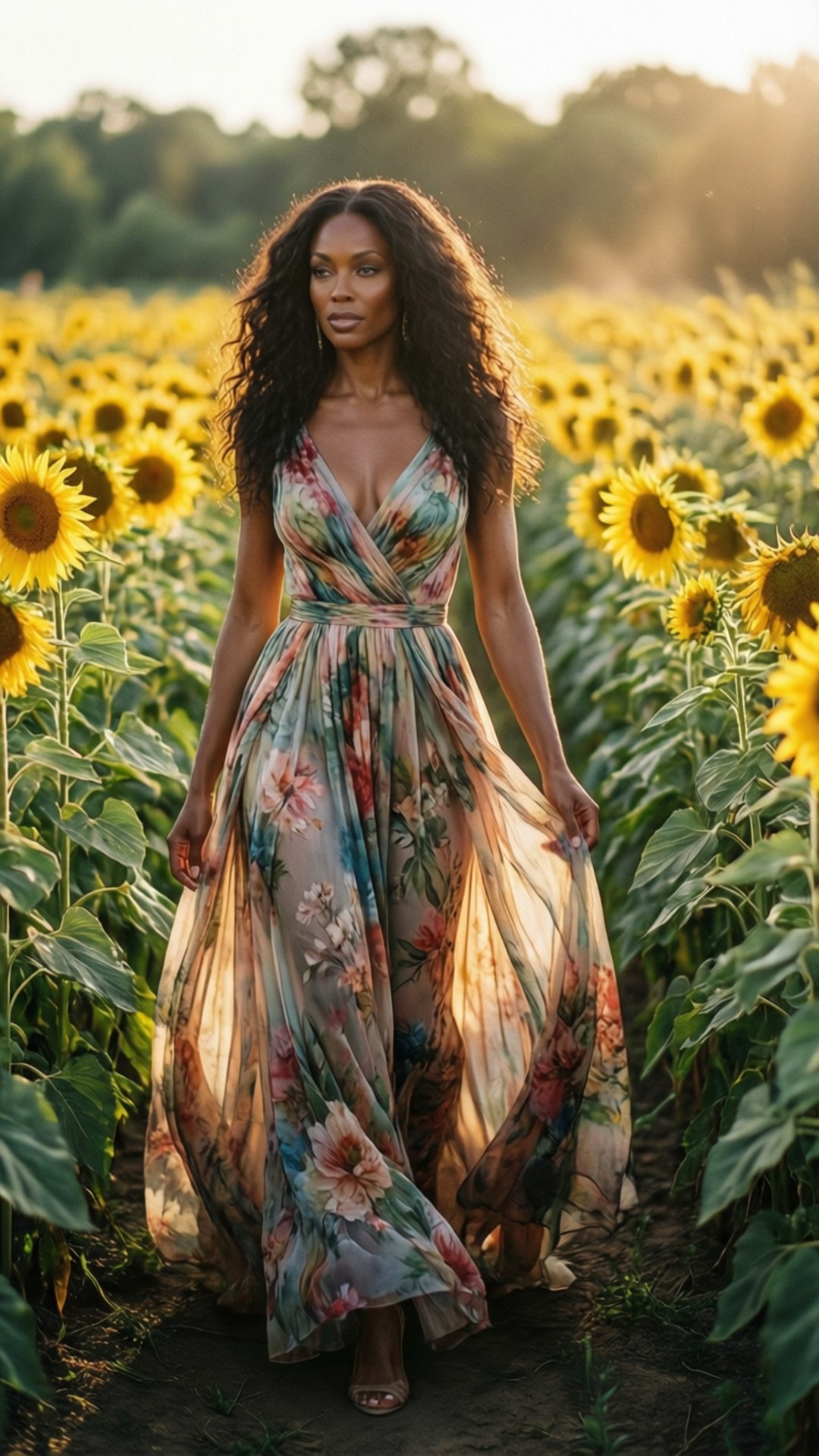 Selita Ebanks, sunflower field, floral dress, Full HD Phone Wallpaper