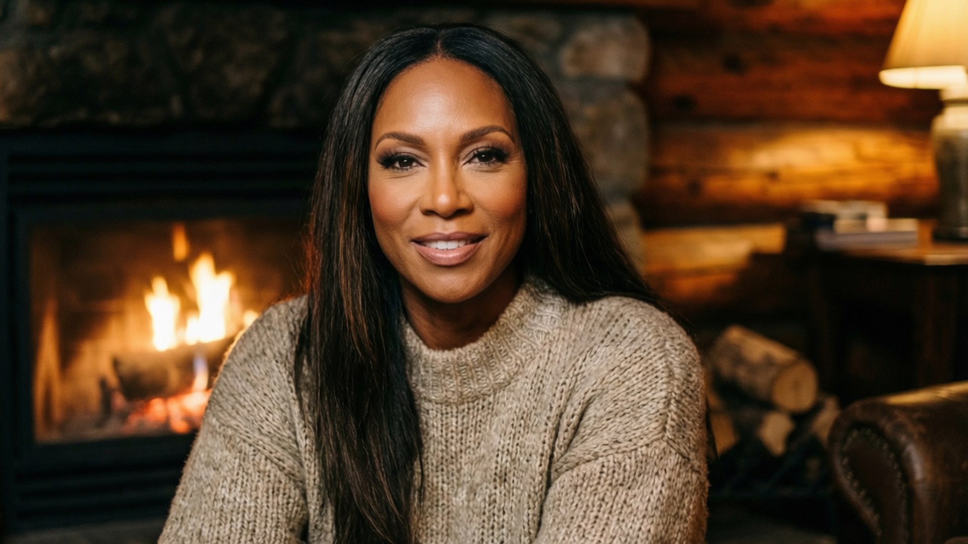 Selita Ebanks, fireplace, cozy cabin, Full HD Desktop Wallpaper