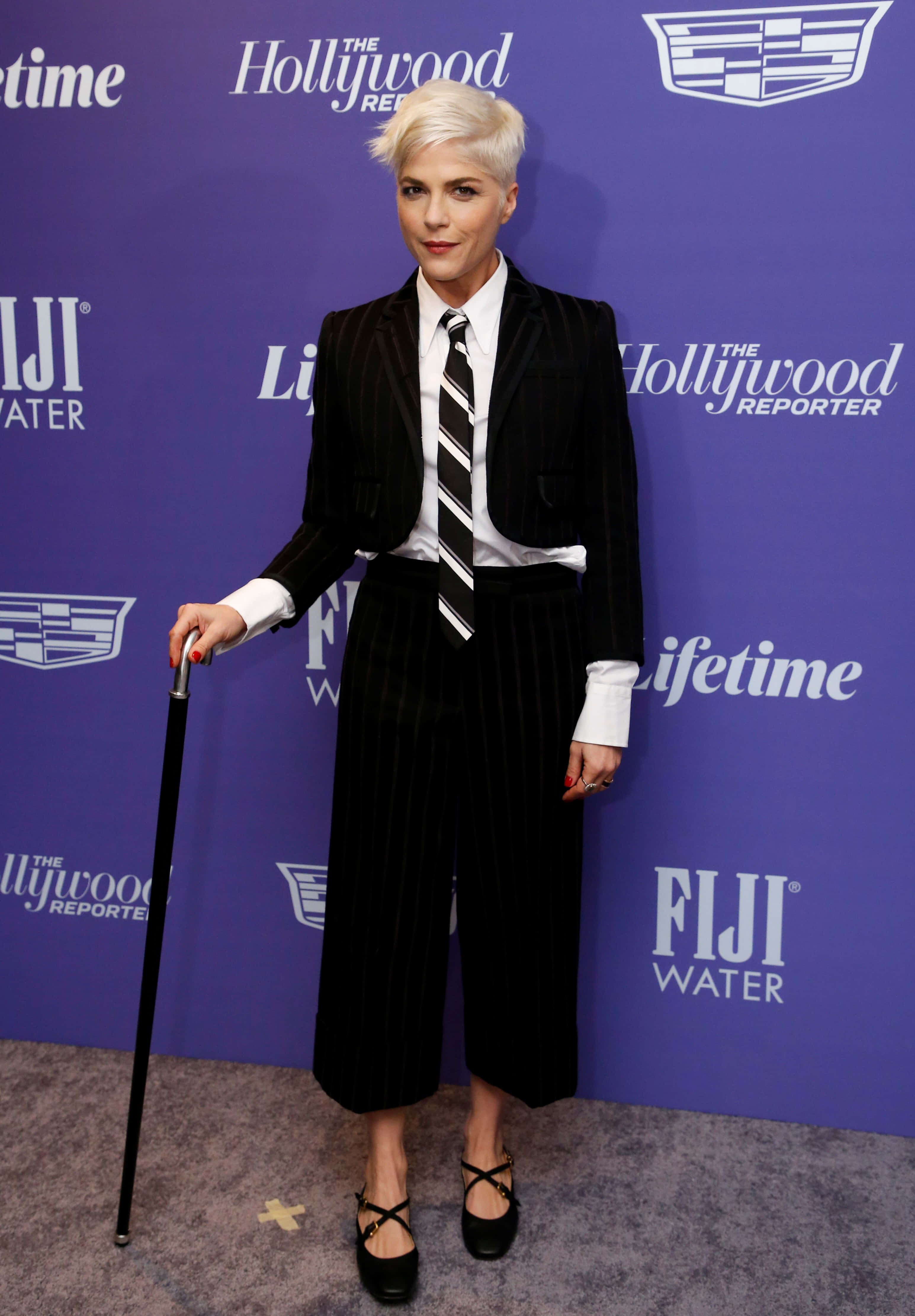 Selma Blair, platinum hair, black pinstripe suit, 4K Phone Wallpaper