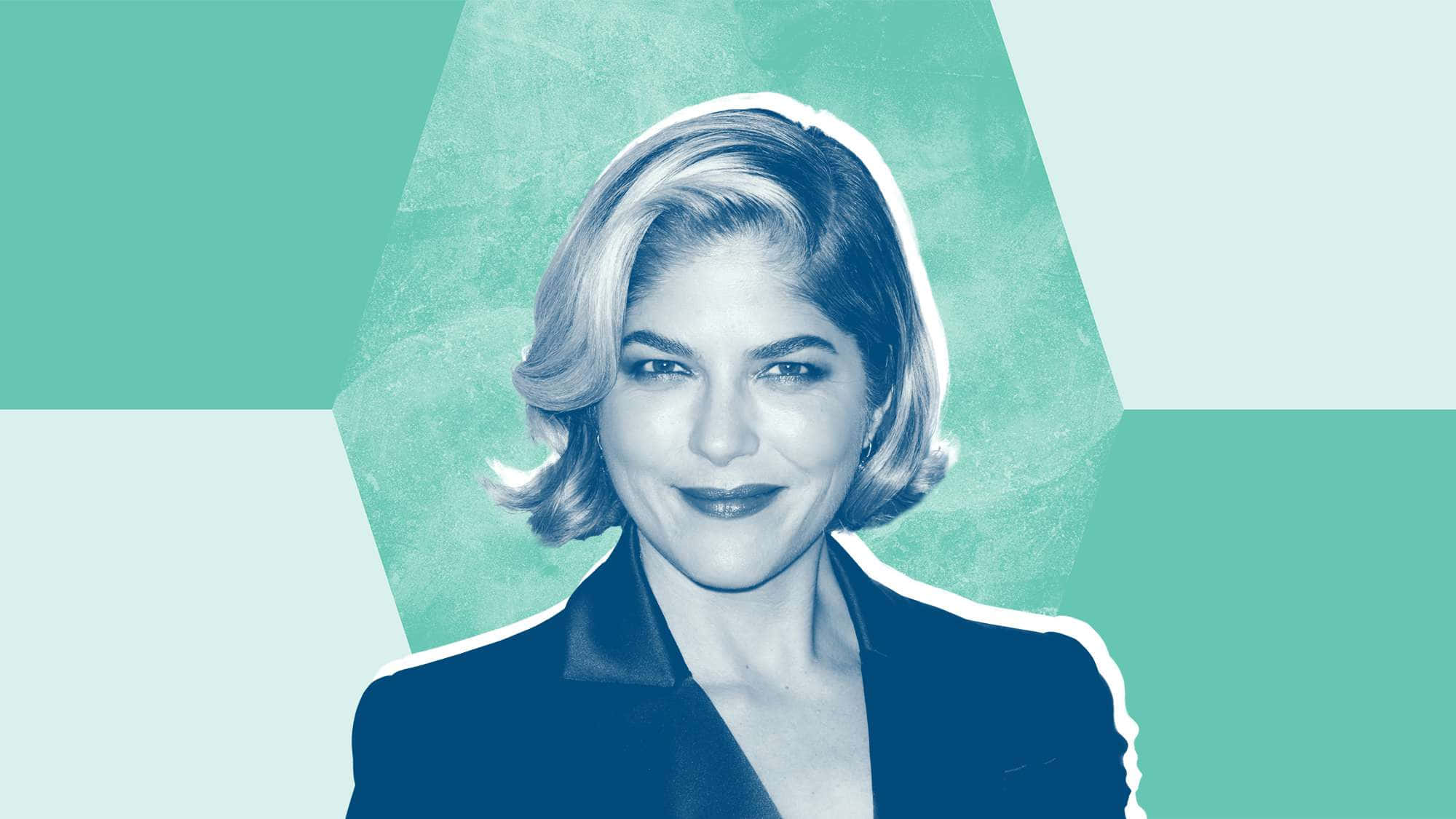 Selma Blair, short blonde hair, teal and white geometric background, Full HD Desktop Wallpaper