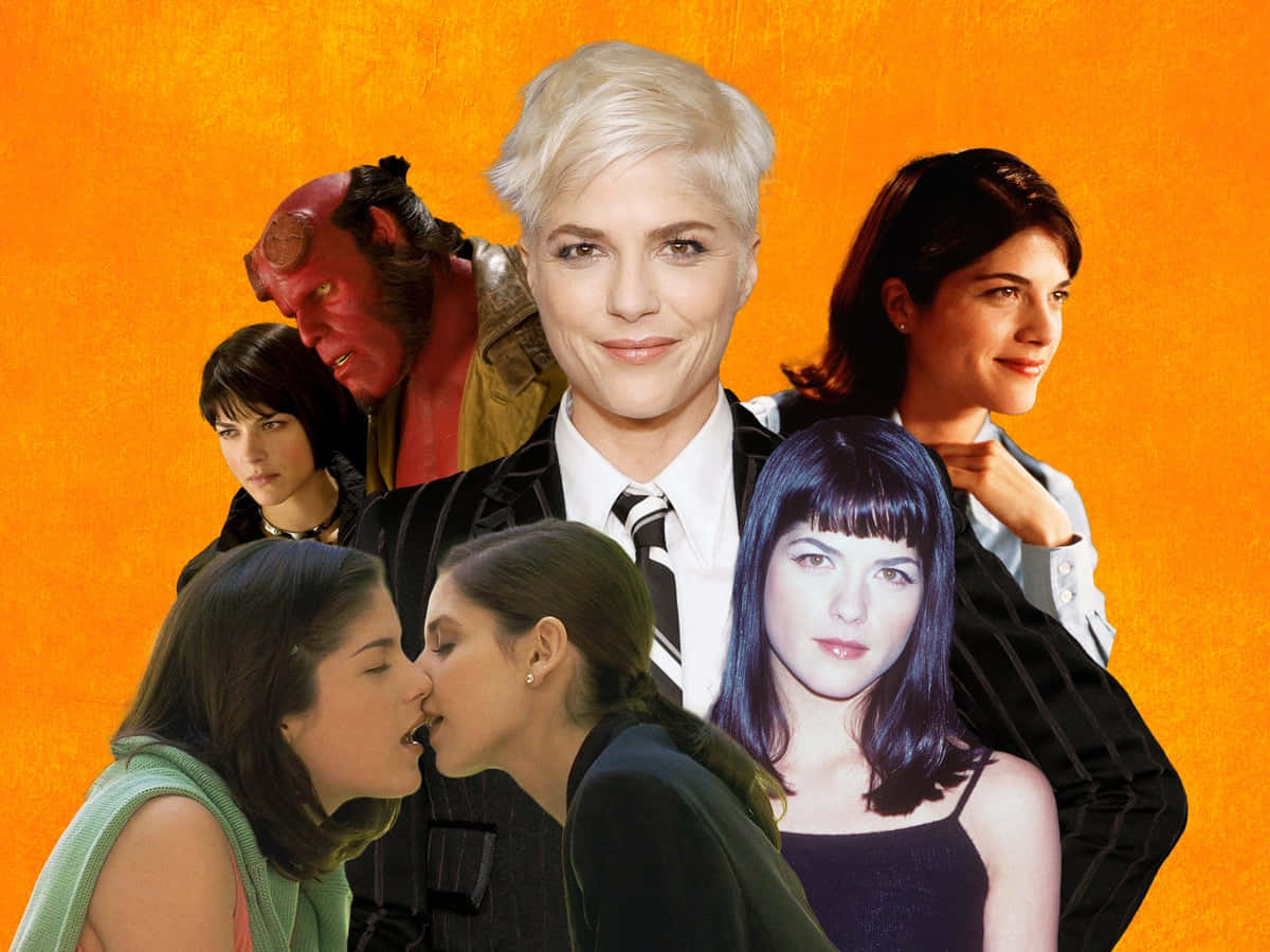 Selma Blair, vibrant orange backdrop, red demon, SD Desktop Wallpaper