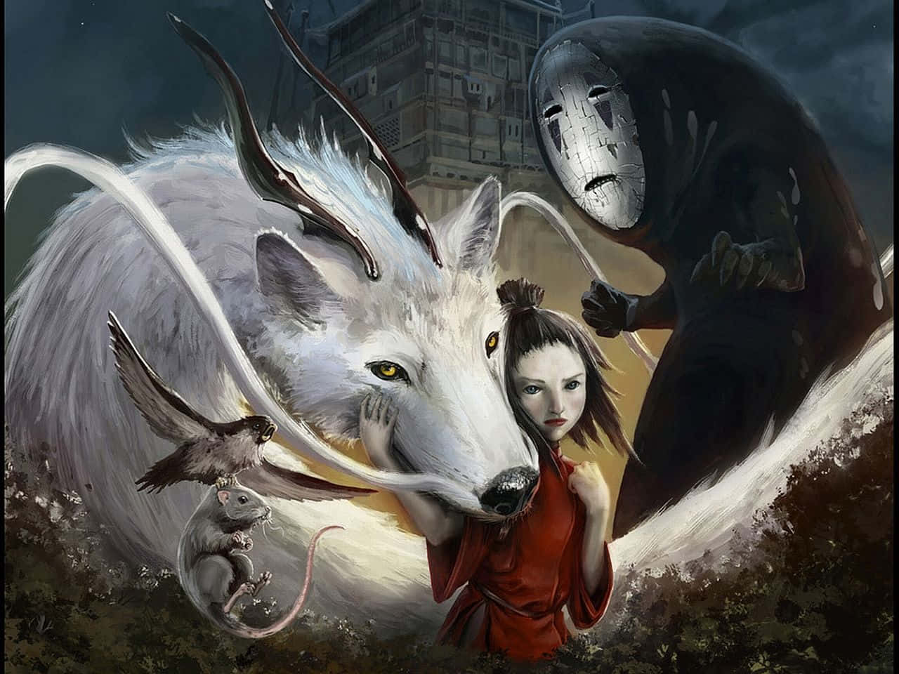 Sen To Chihiro No Kamikakushi, red, white wolf, HD Desktop Wallpaper
