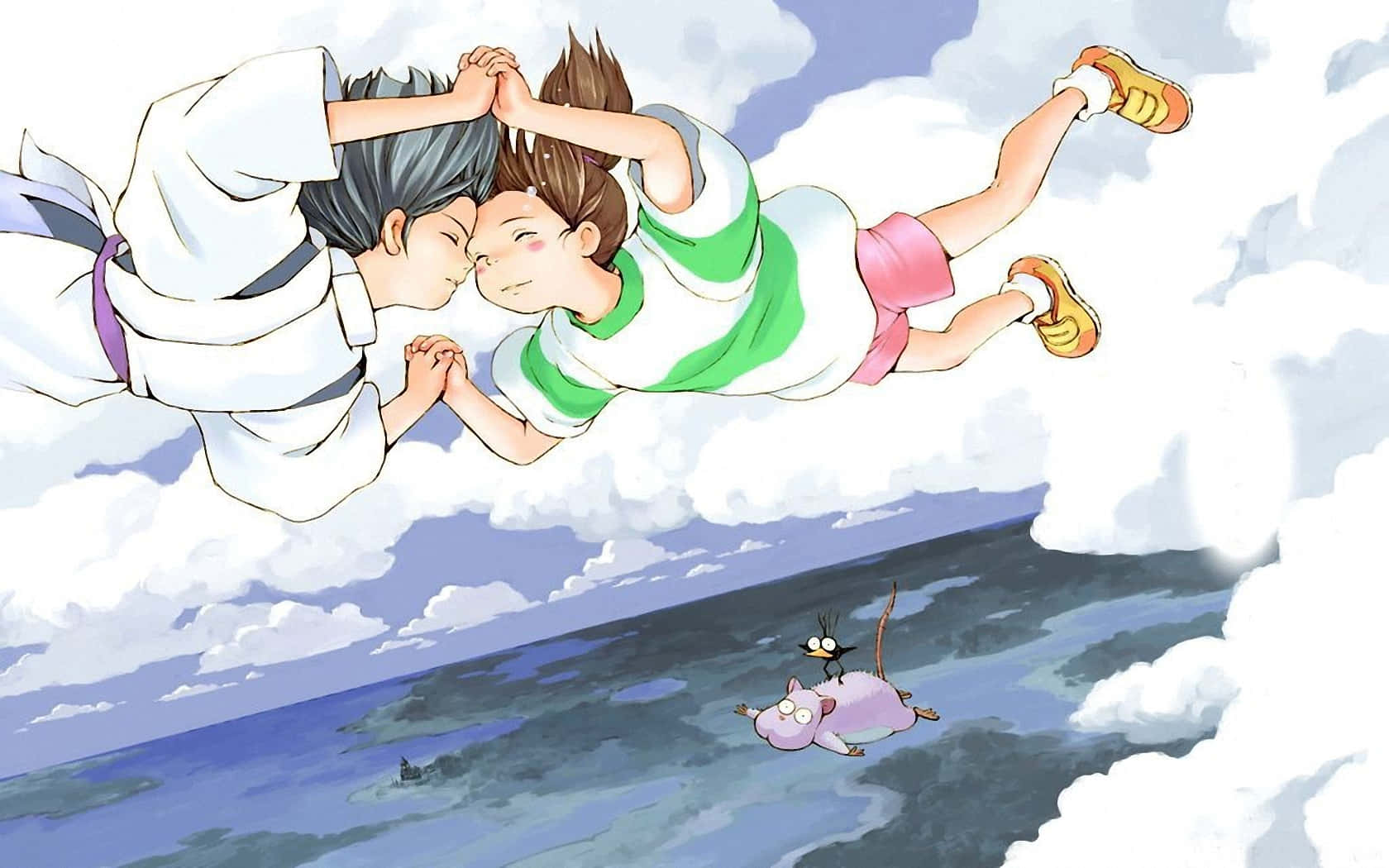 Sen To Chihiro No Kamikakushi, characters flying, pink cat, HD Desktop Wallpaper