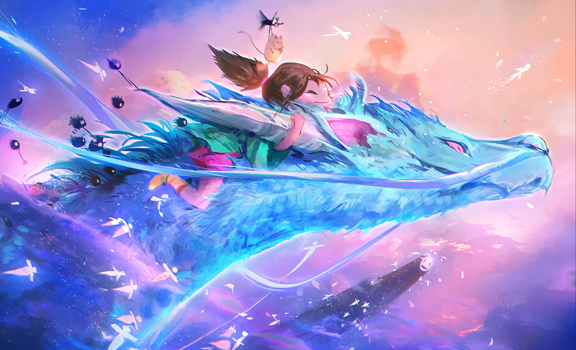 Sen To Chihiro No Kamikakushi, pigtails, blue dragon, Full HD Desktop Wallpaper