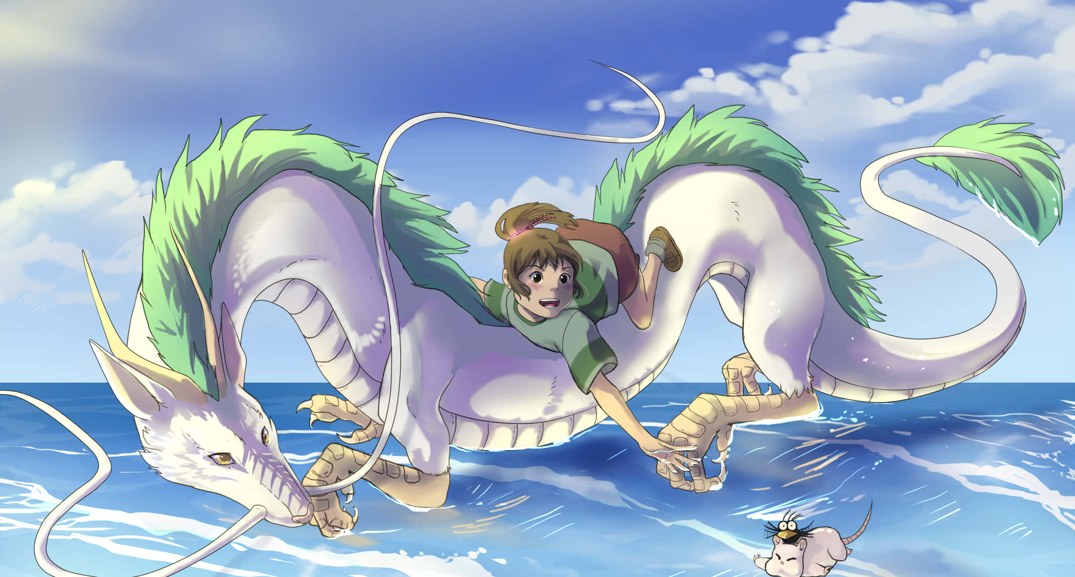 Sen To Chihiro No Kamikakushi, white dragon, green mane, Full HD Desktop Wallpaper