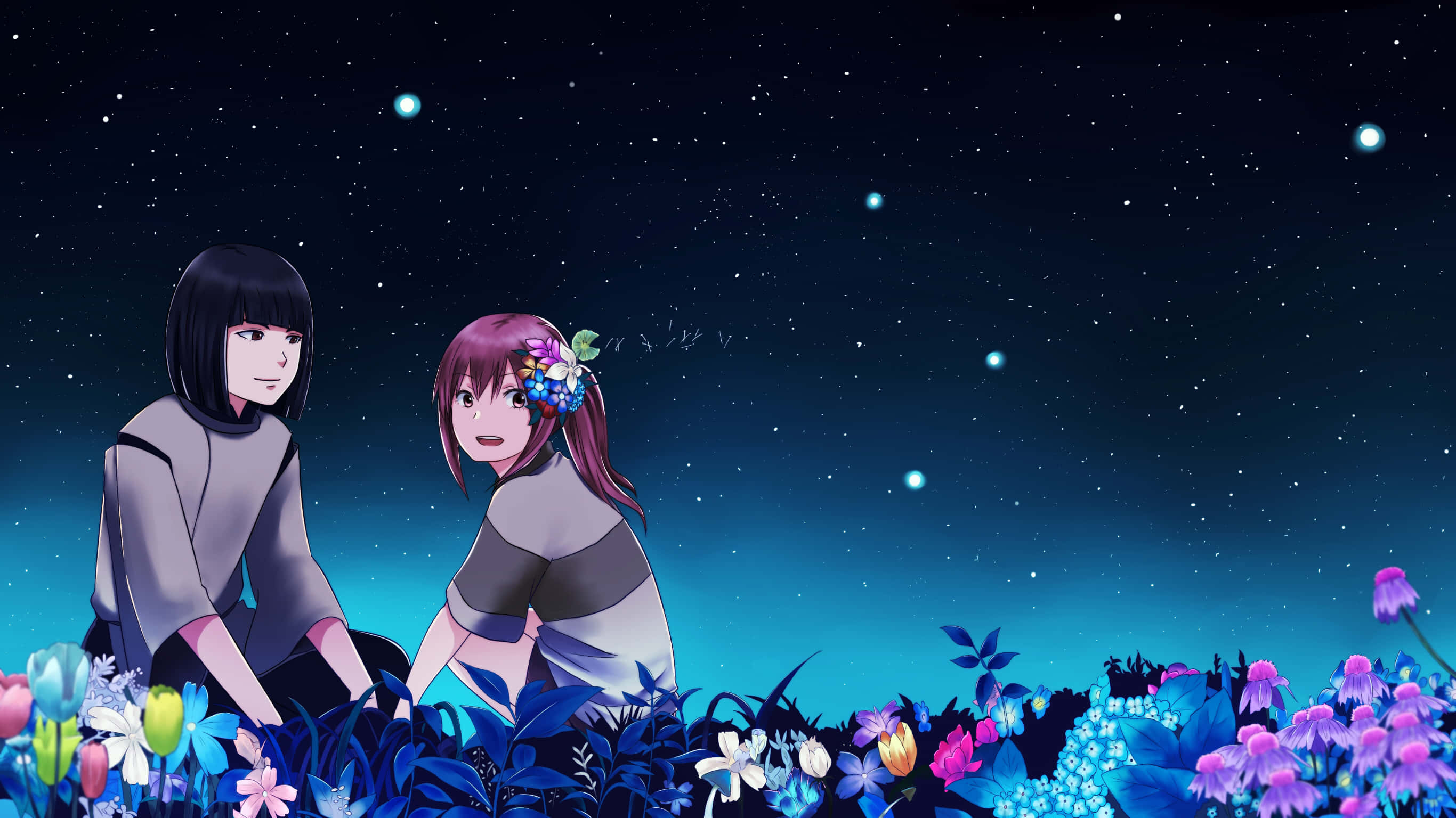 Sen To Chihiro No Kamikakushi, flower field, glowing flowers, 2K Desktop Wallpaper