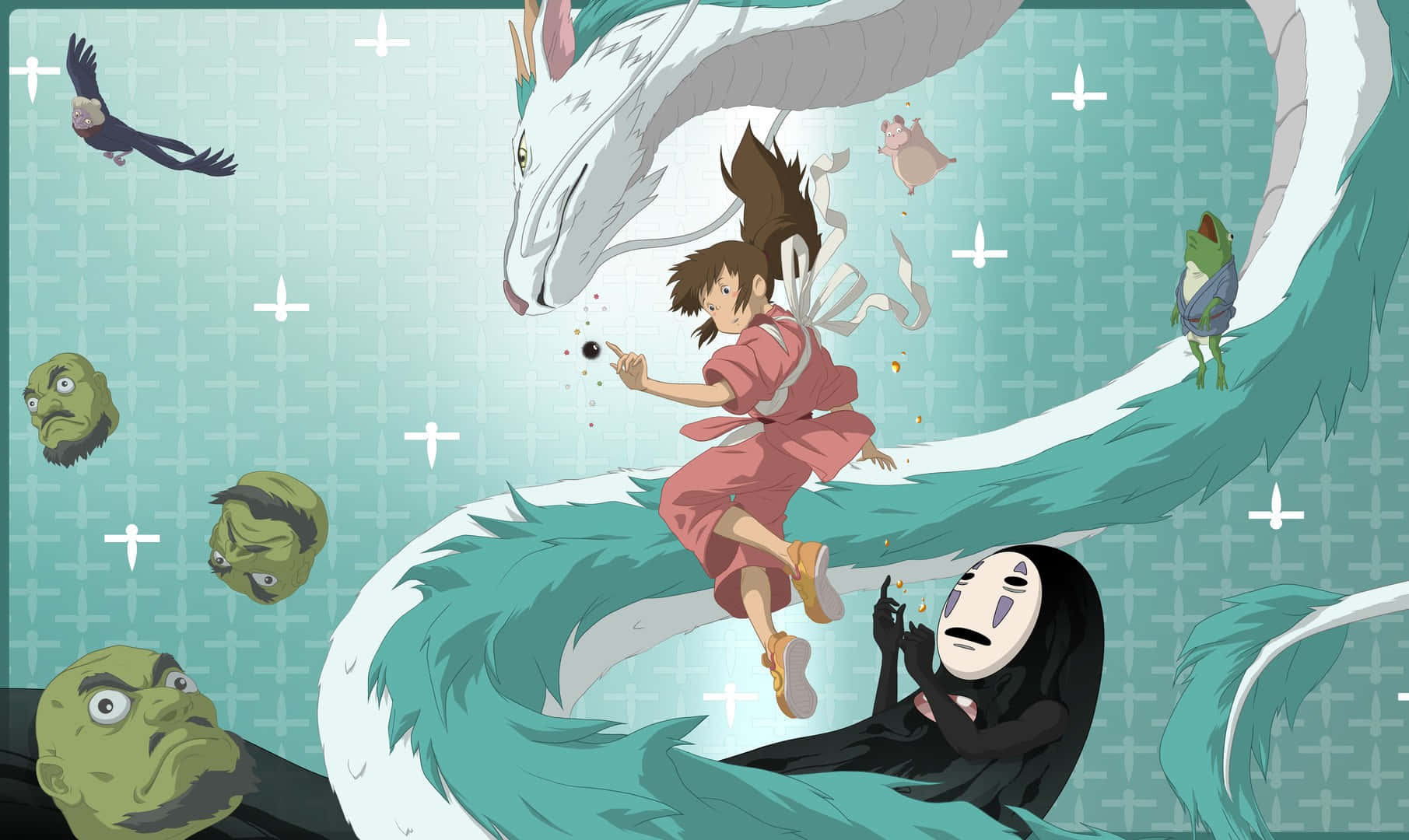 Sen To Chihiro No Kamikakushi, green masks, pink kimono, HD Desktop Wallpaper