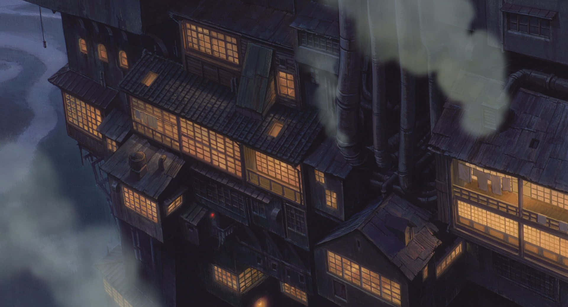 black bathhouse, Sen To Chihiro No Kamikakushi, dark wooden buildings, Full HD Desktop Wallpaper
