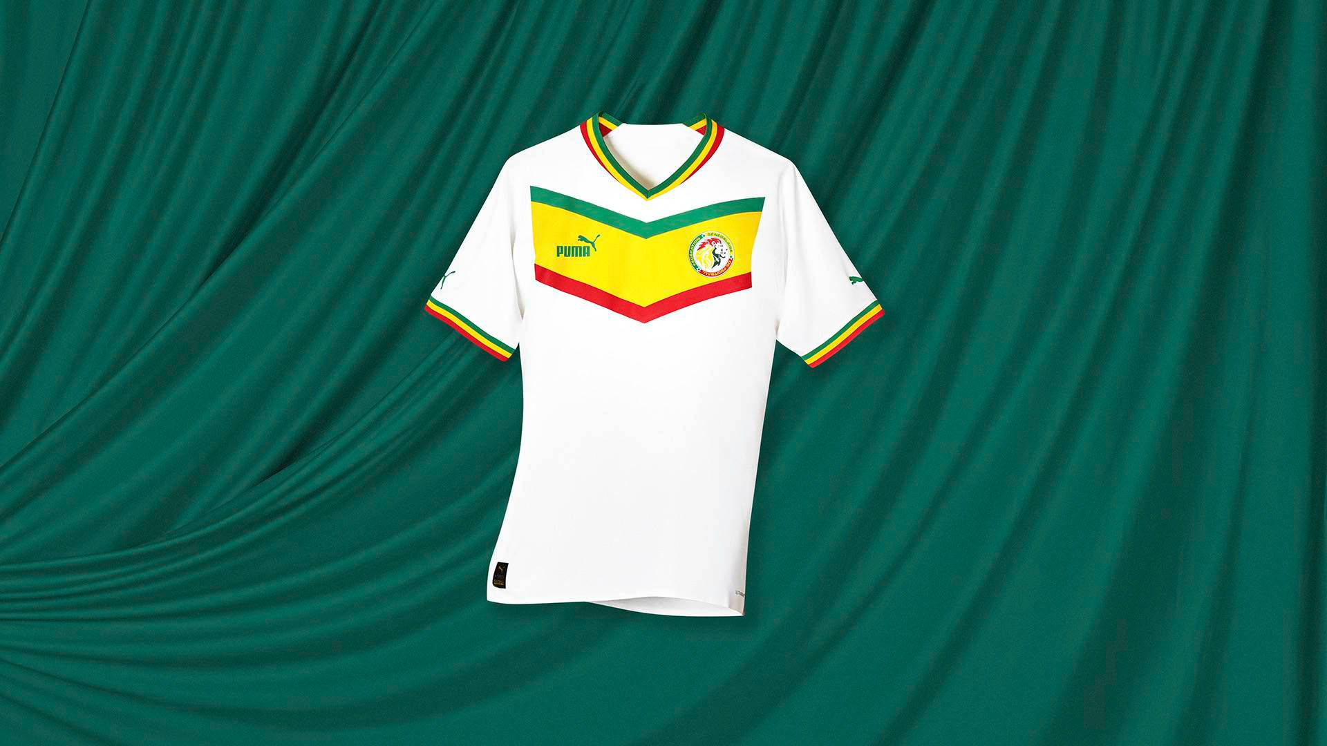Senegal National Football Team 2022 Jersey, white football jersey, green yellow and red accents, Full HD Desktop Wallpaper