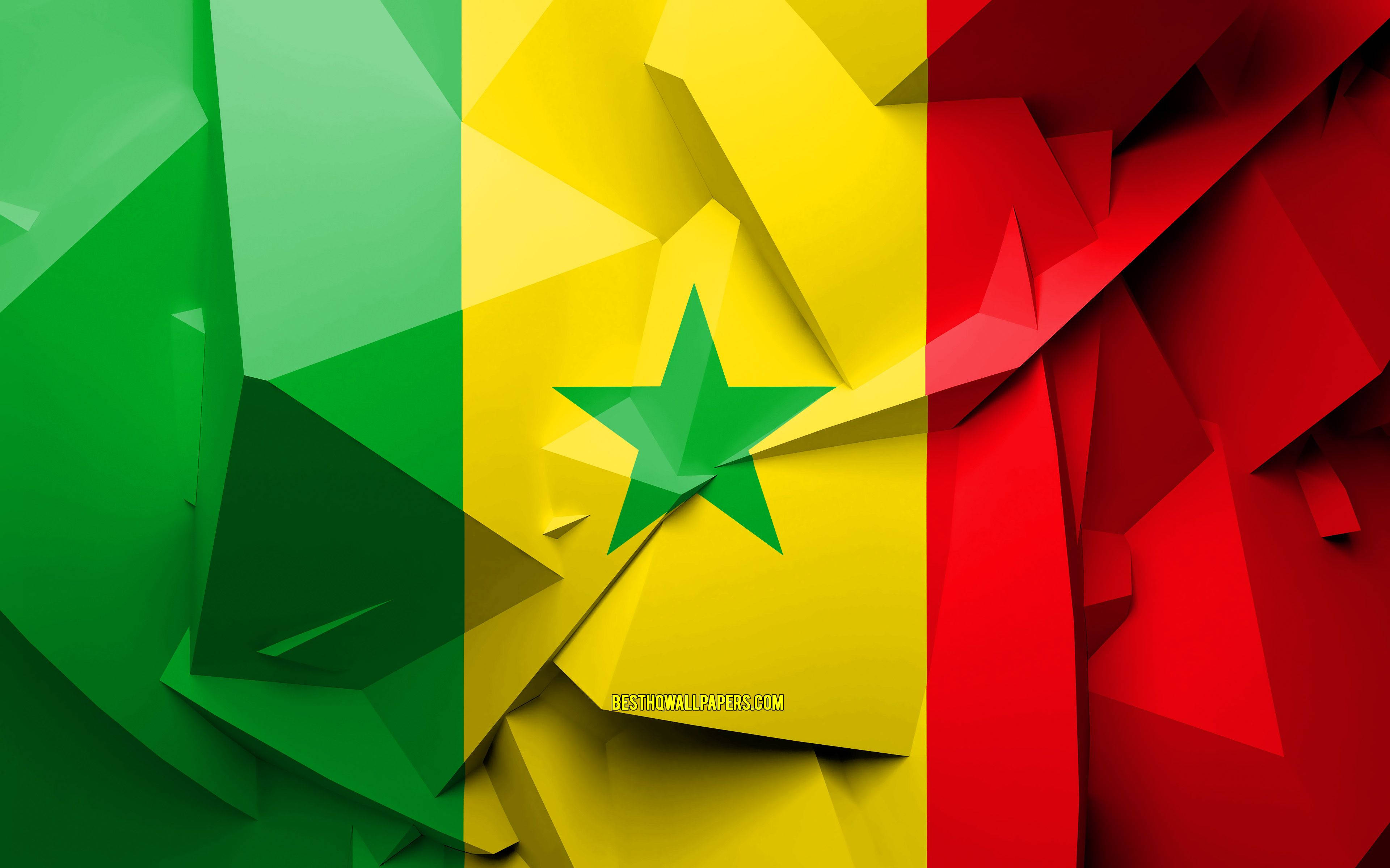 Senegal flag, geometric facets, green yellow and red, 4K Desktop Wallpaper