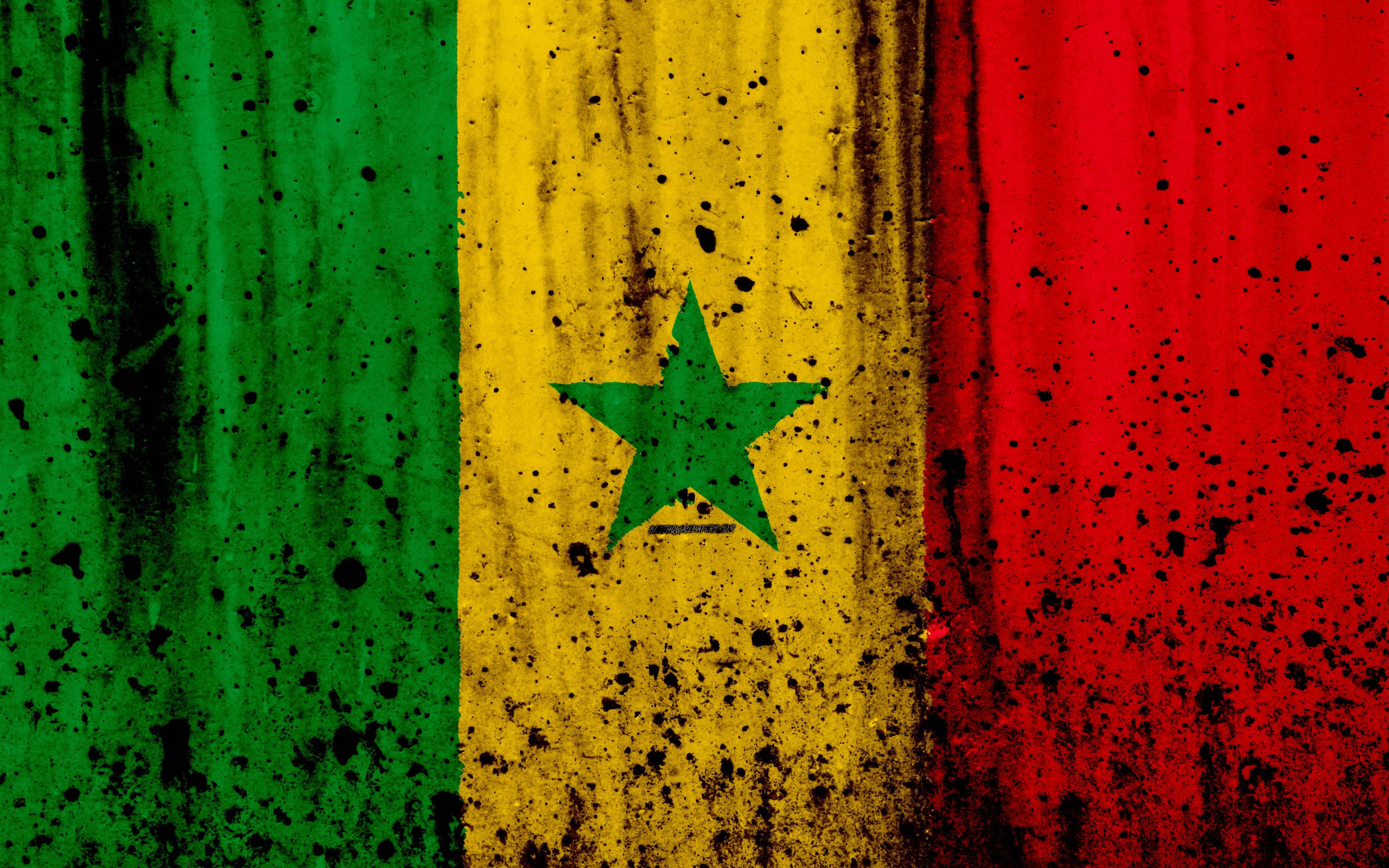 Senegal flag, green yellow and red vertical stripes, green star center, 4K Desktop Wallpaper