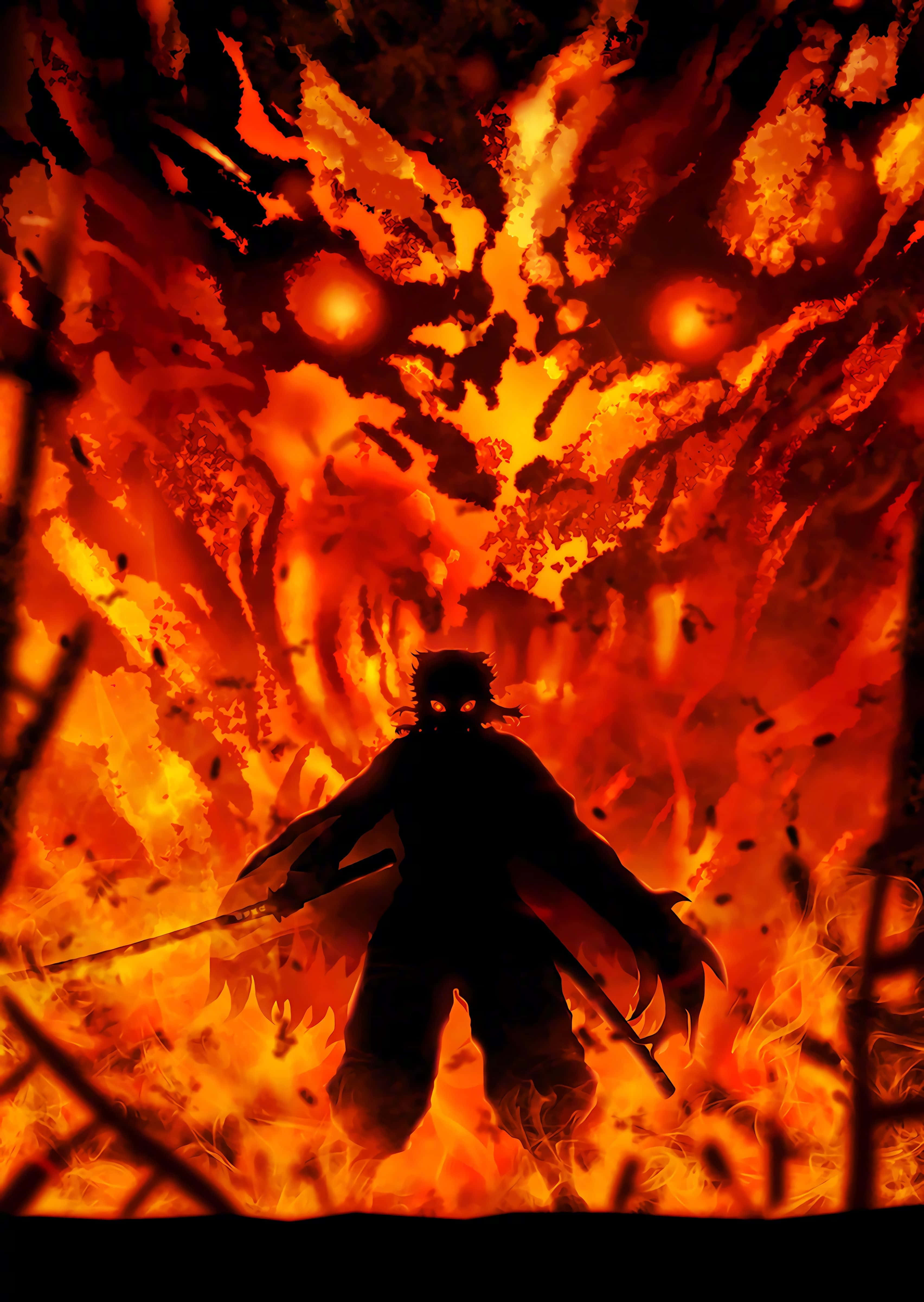 Senjuro Rengoku, flames of passion, warrior silhouette, 4K Phone Wallpaper