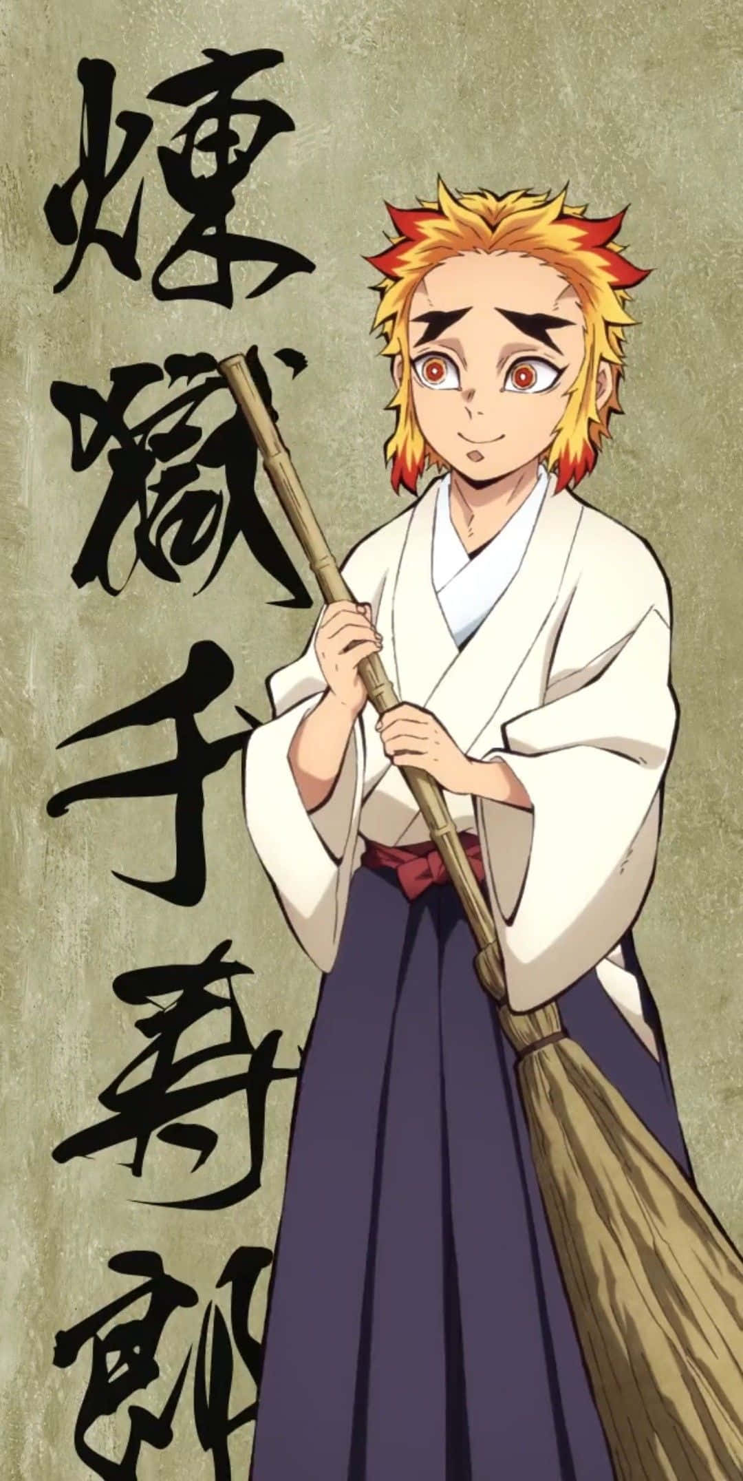 Senjuro Rengoku, spiky orange hair, broom, Full HD Phone Wallpaper