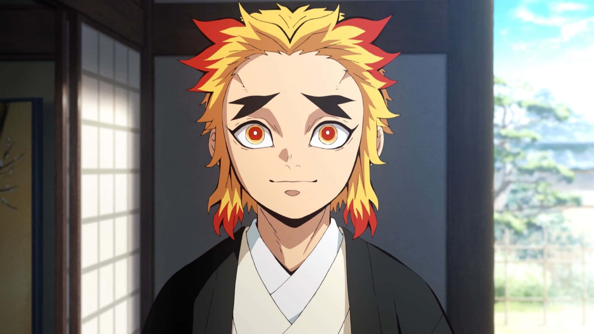 Senjuro Rengoku, spiky yellow and red hair, intense red eyes, Full HD Desktop Wallpaper