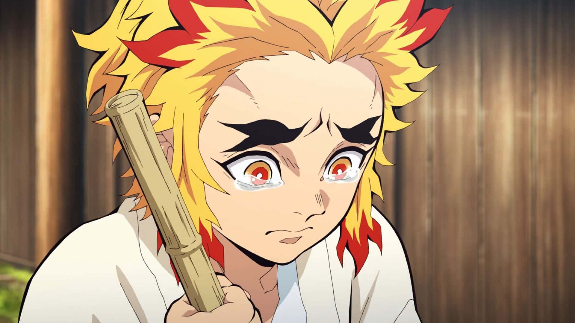 Senjuro Rengoku, spiky yellow and red hair, bamboo staff, Full HD Desktop Wallpaper