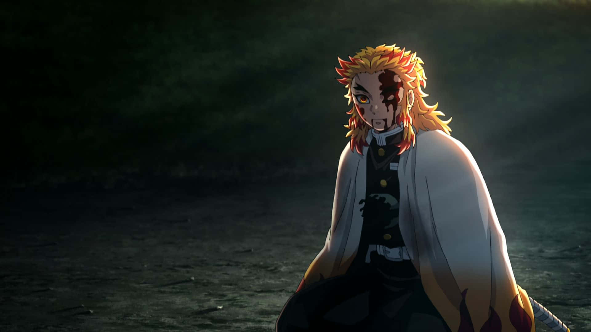 Senjuro Rengoku, fiery-haired anime warrior, bloodied face, Full HD Desktop Wallpaper