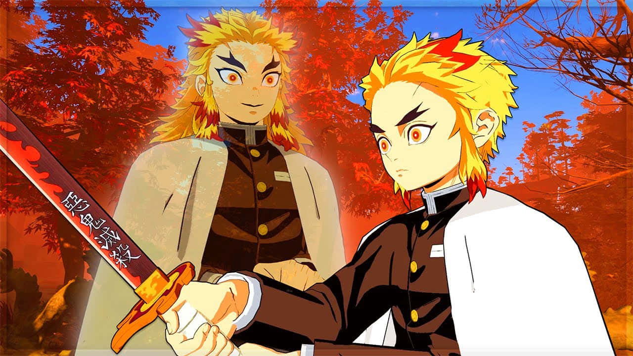 Senjuro Rengoku, glowing sword, fiery autumn forest, HD Desktop Wallpaper