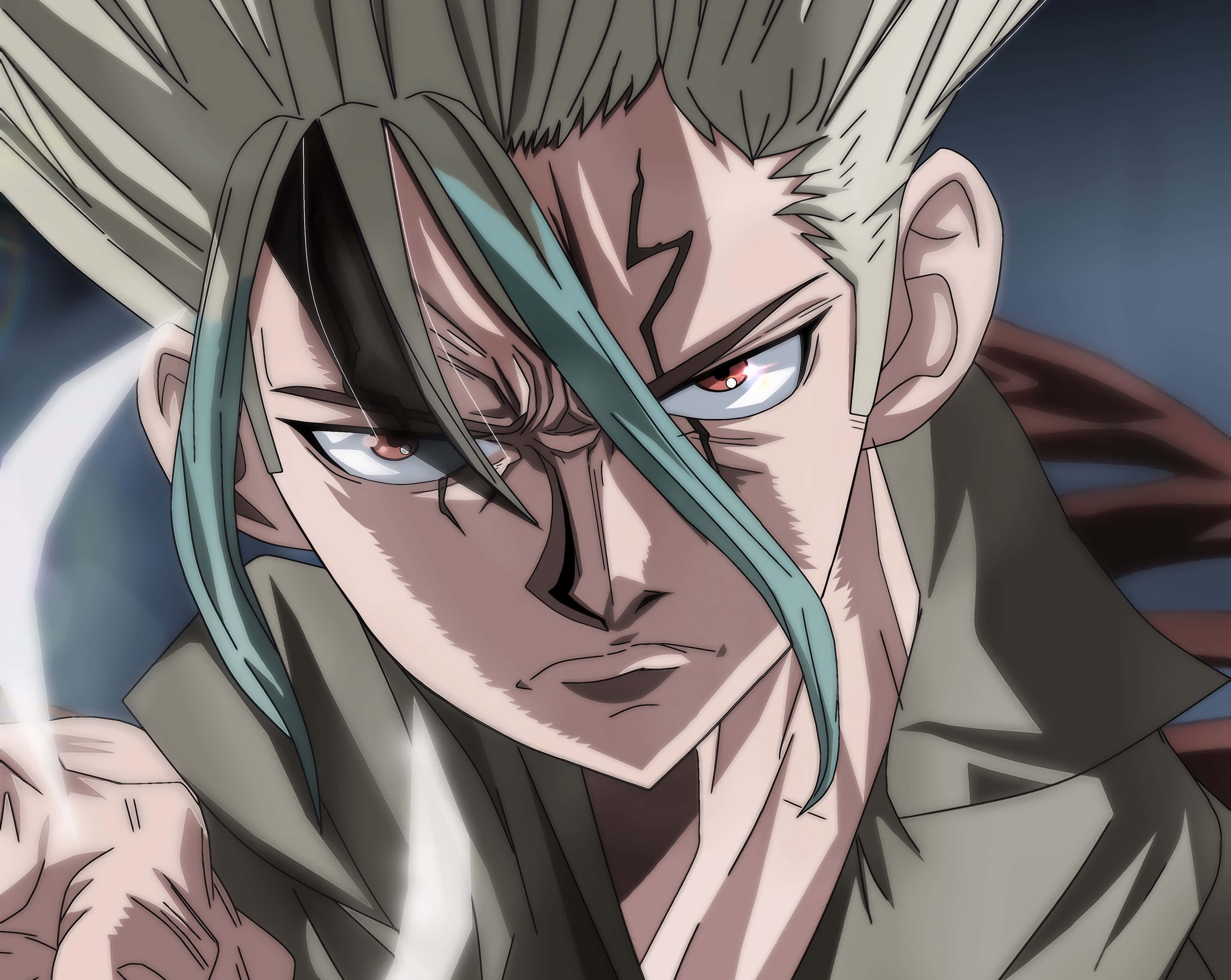 Senku Ishigami, spiky gray hair, glowing red eyes, 4K Desktop Wallpaper