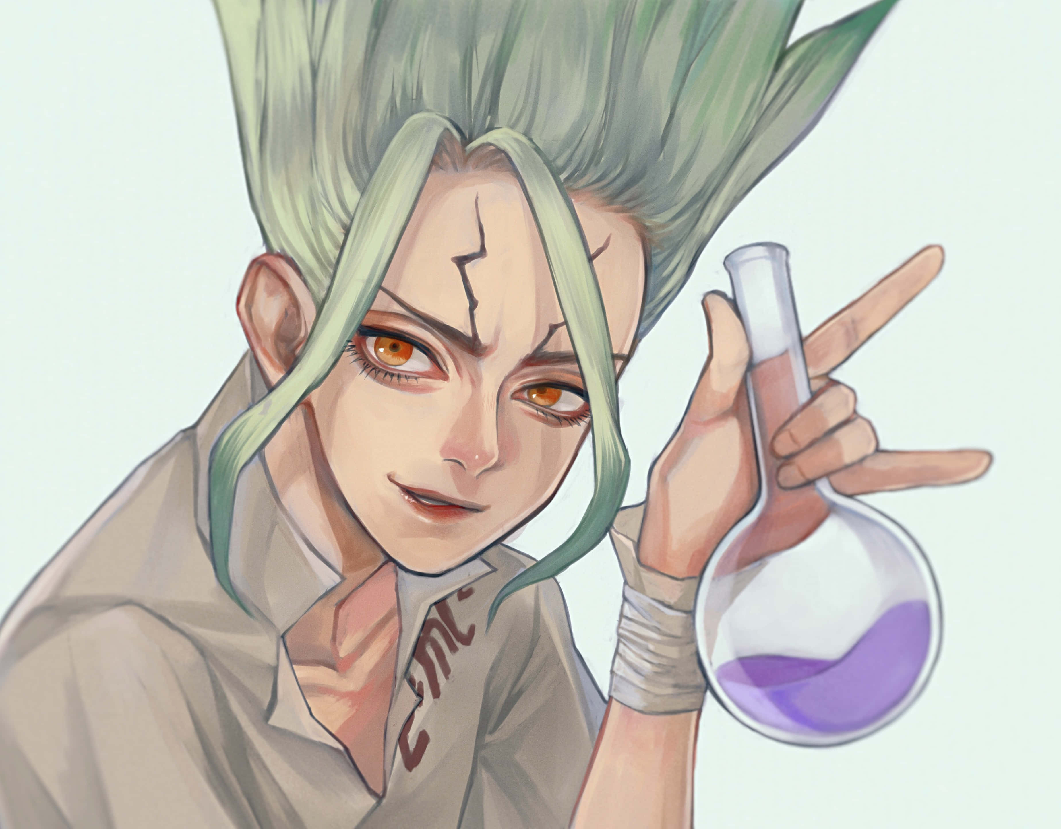Senku Ishigami, green-haired, orange eyes, 2K Desktop Wallpaper