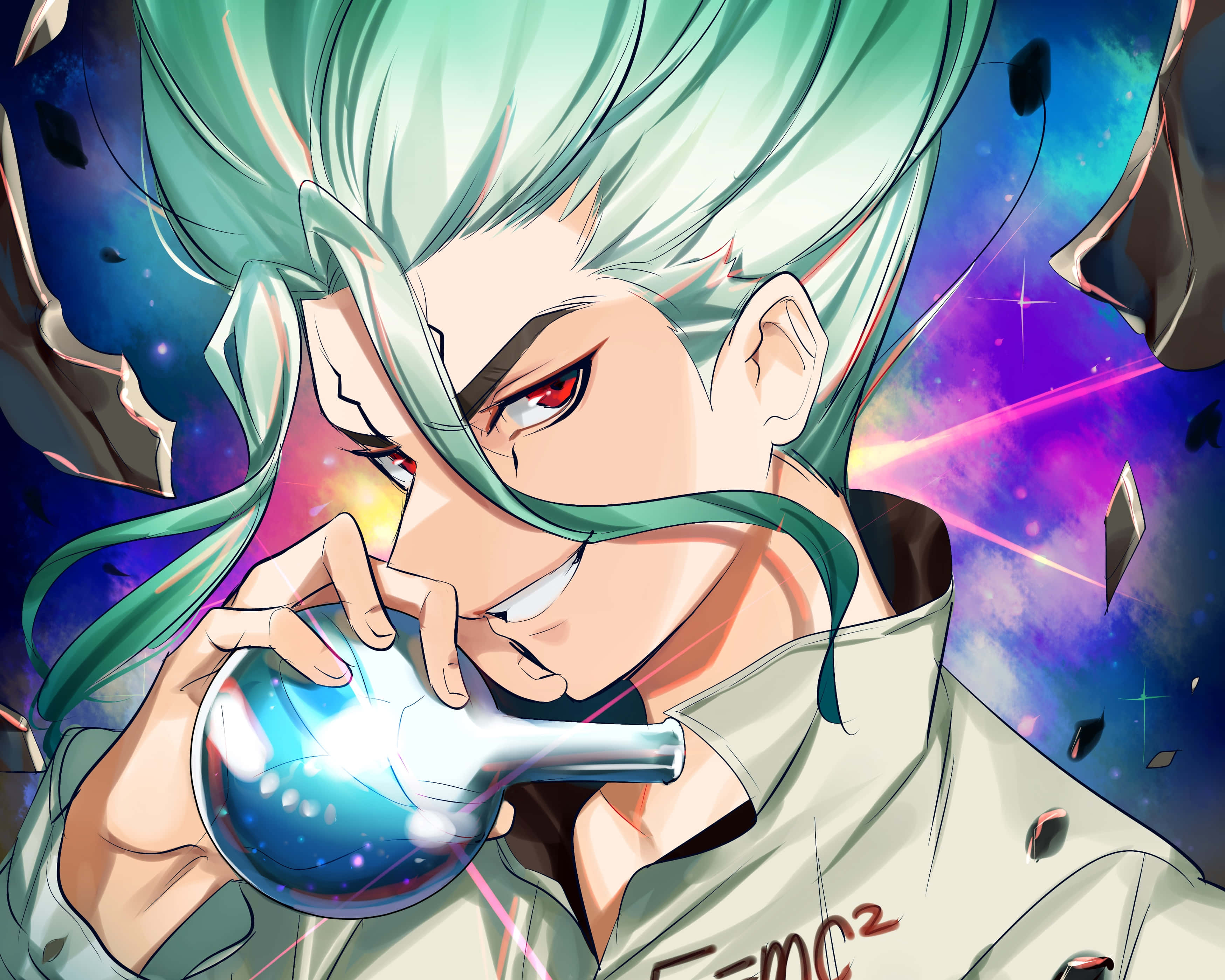 Senku Ishigami, teal-haired, red eyes, 2K Desktop Wallpaper