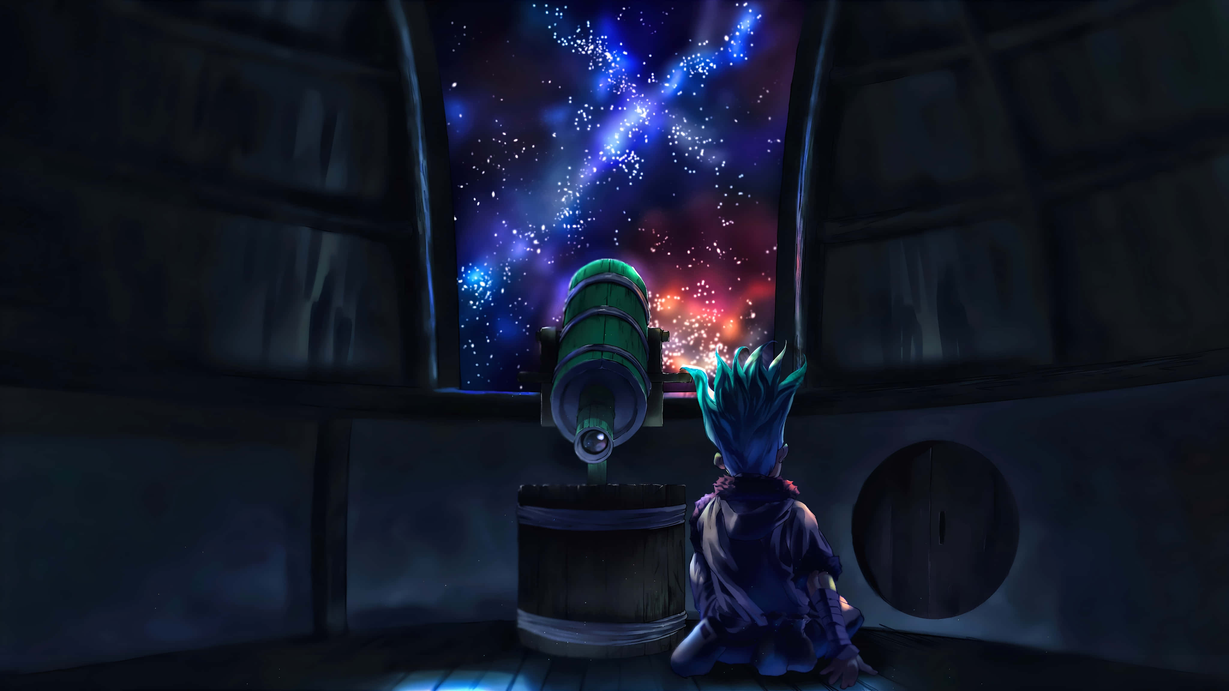 Senku Ishigami, blue-haired anime character, dim observatory, 4K Desktop Wallpaper