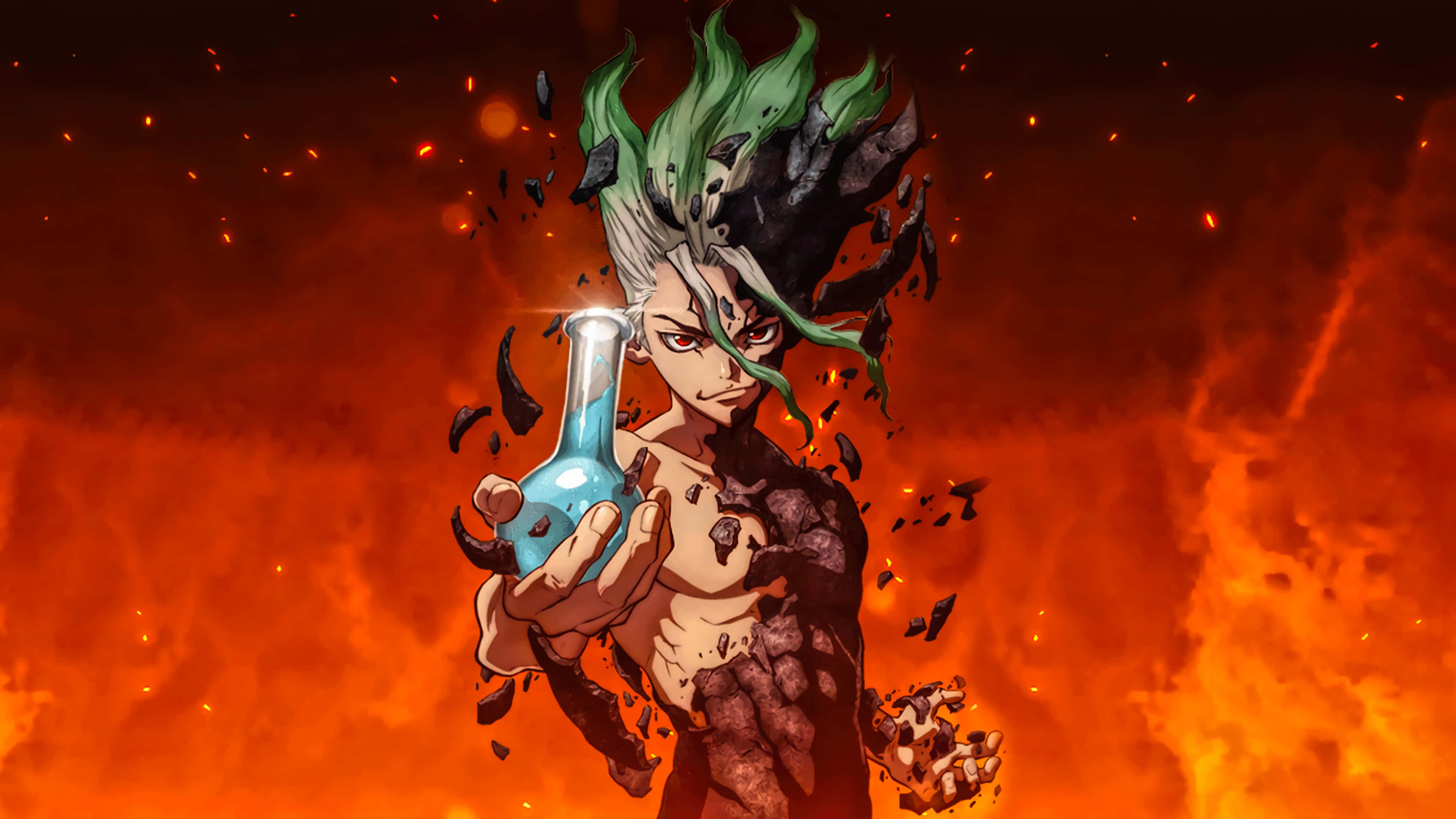 Senku Ishigami, green hair, rocky body, 4K Desktop Wallpaper