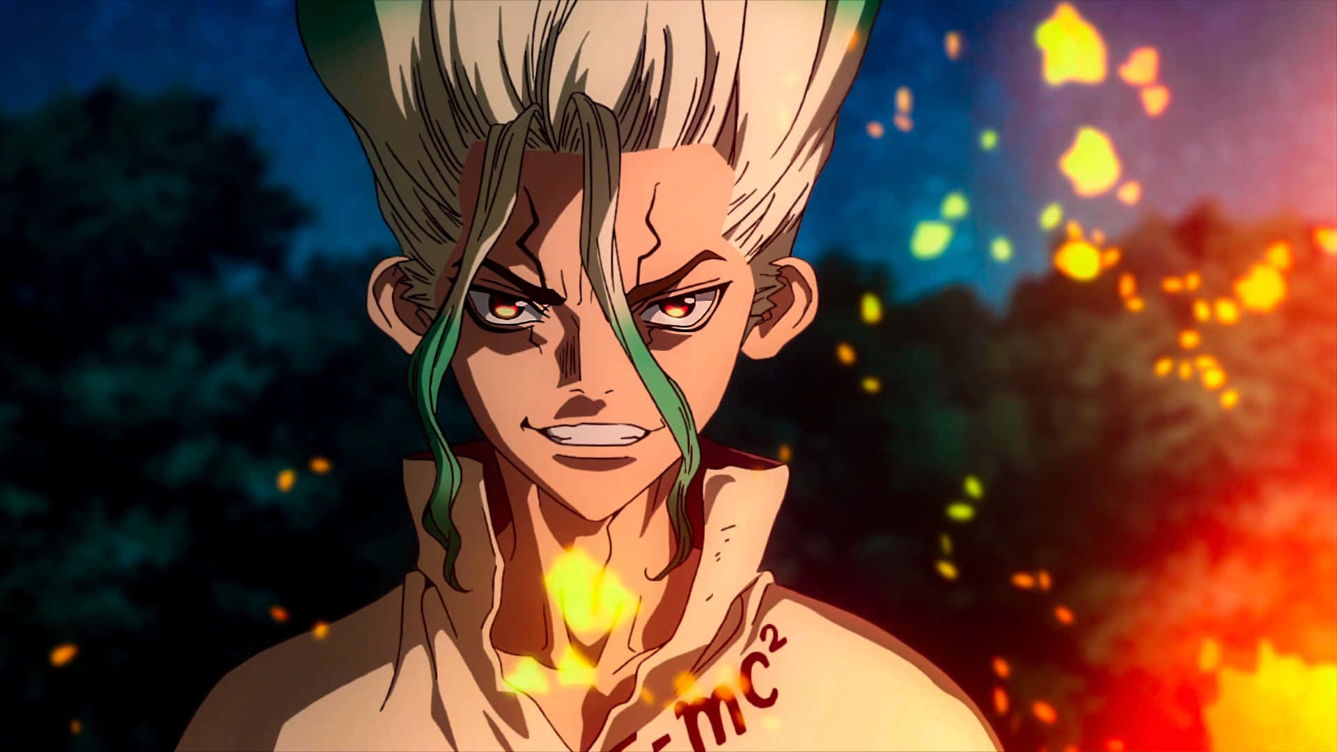 Senku Ishigami, spiky blonde hair, green streaks, Full HD Desktop Wallpaper