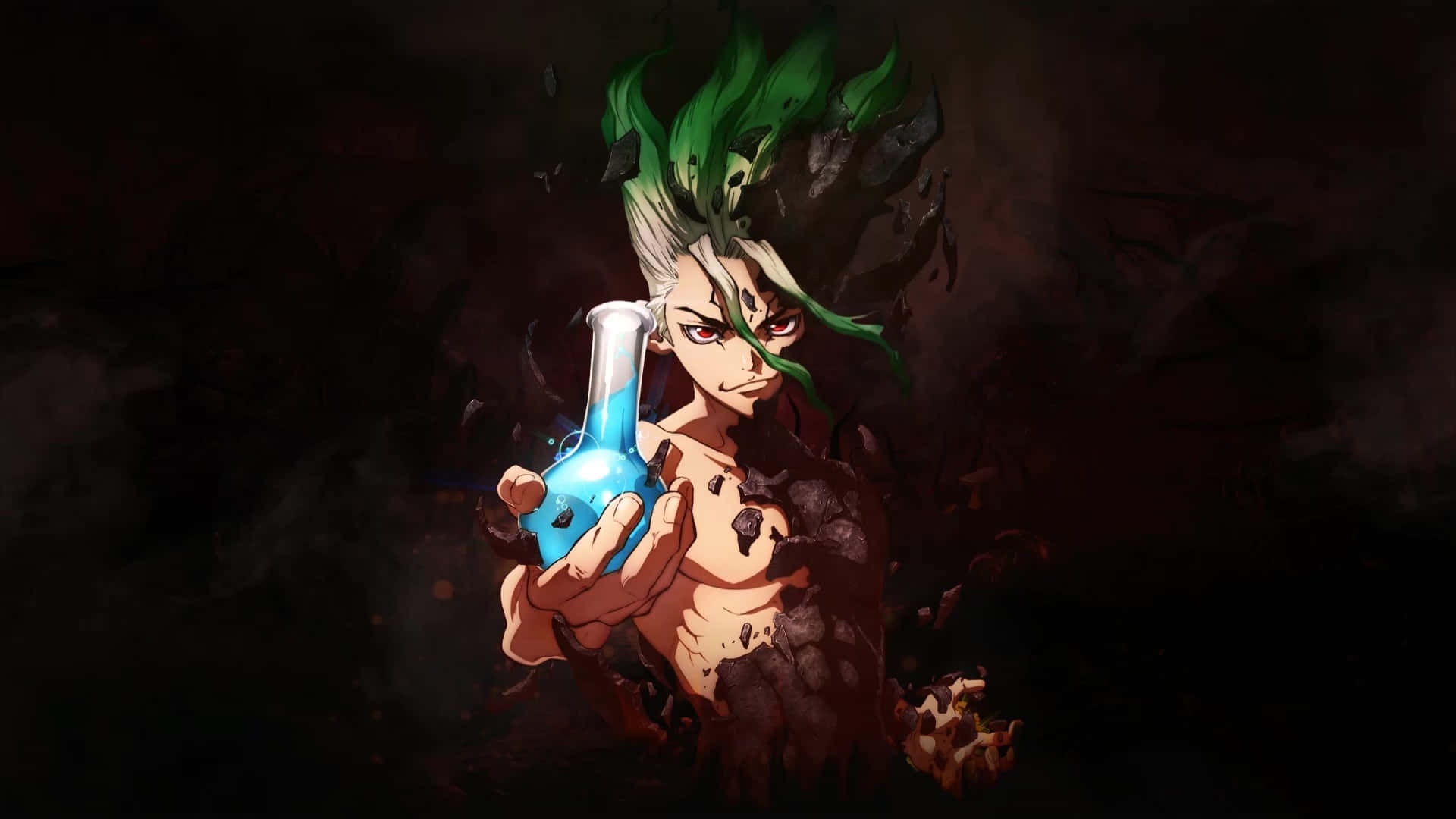 Senku Ishigami, green hair, glowing eyes, Full HD Desktop Wallpaper