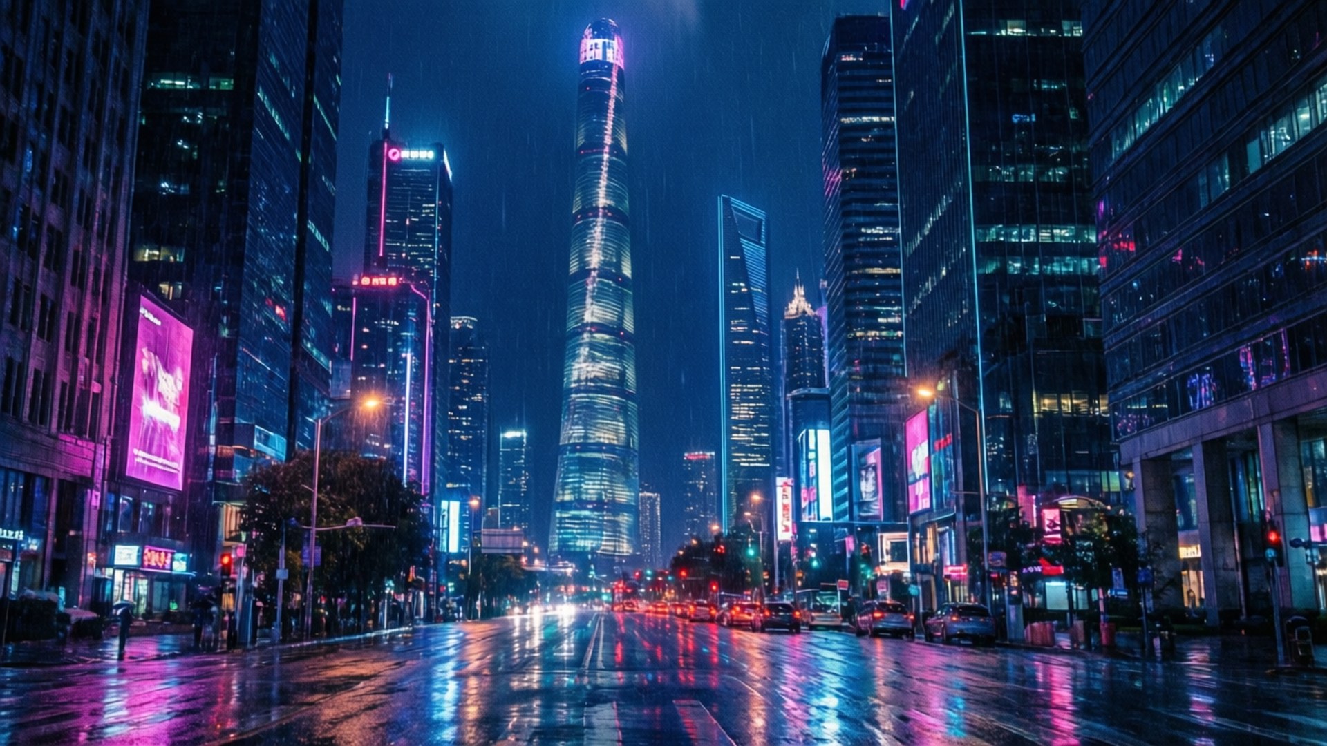 Neon City Nightscape, cyberpunk cityscape, neon lights, Full HD Desktop Wallpaper