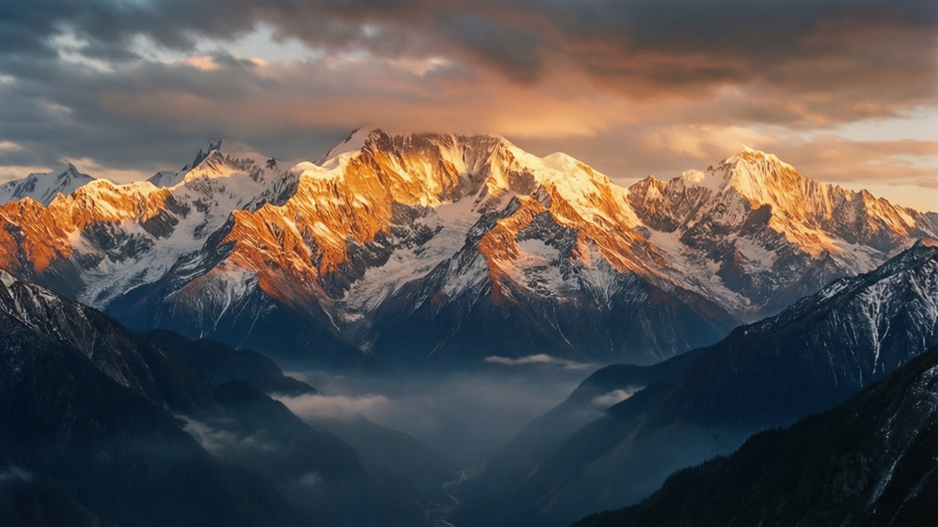 Mountain Sunrise Majesty, snowcapped mountain peaks, golden sunrise, Full HD Desktop Wallpaper