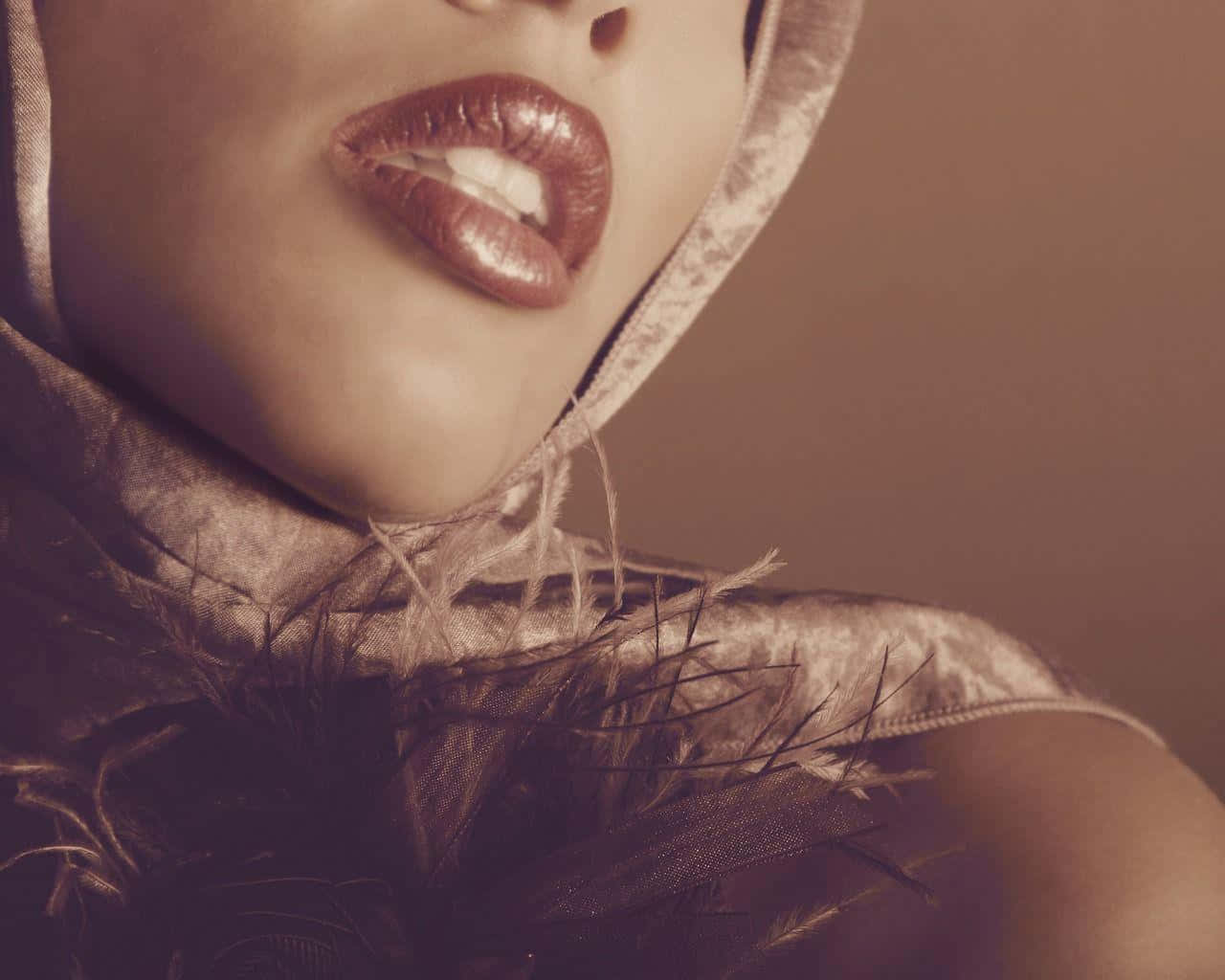 woman's lips, chin, feathered hood, HD Desktop Wallpaper
