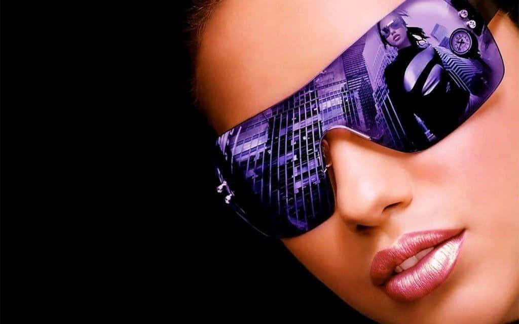 futuristic purple-tinted goggles, cityscape, black background, SD Desktop Wallpaper