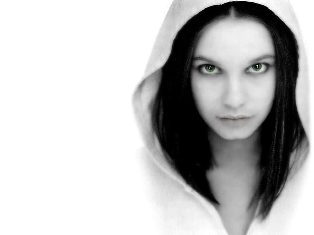 Sensual Gaze, white hooded garment, striking green eyes, SD Desktop Wallpaper
