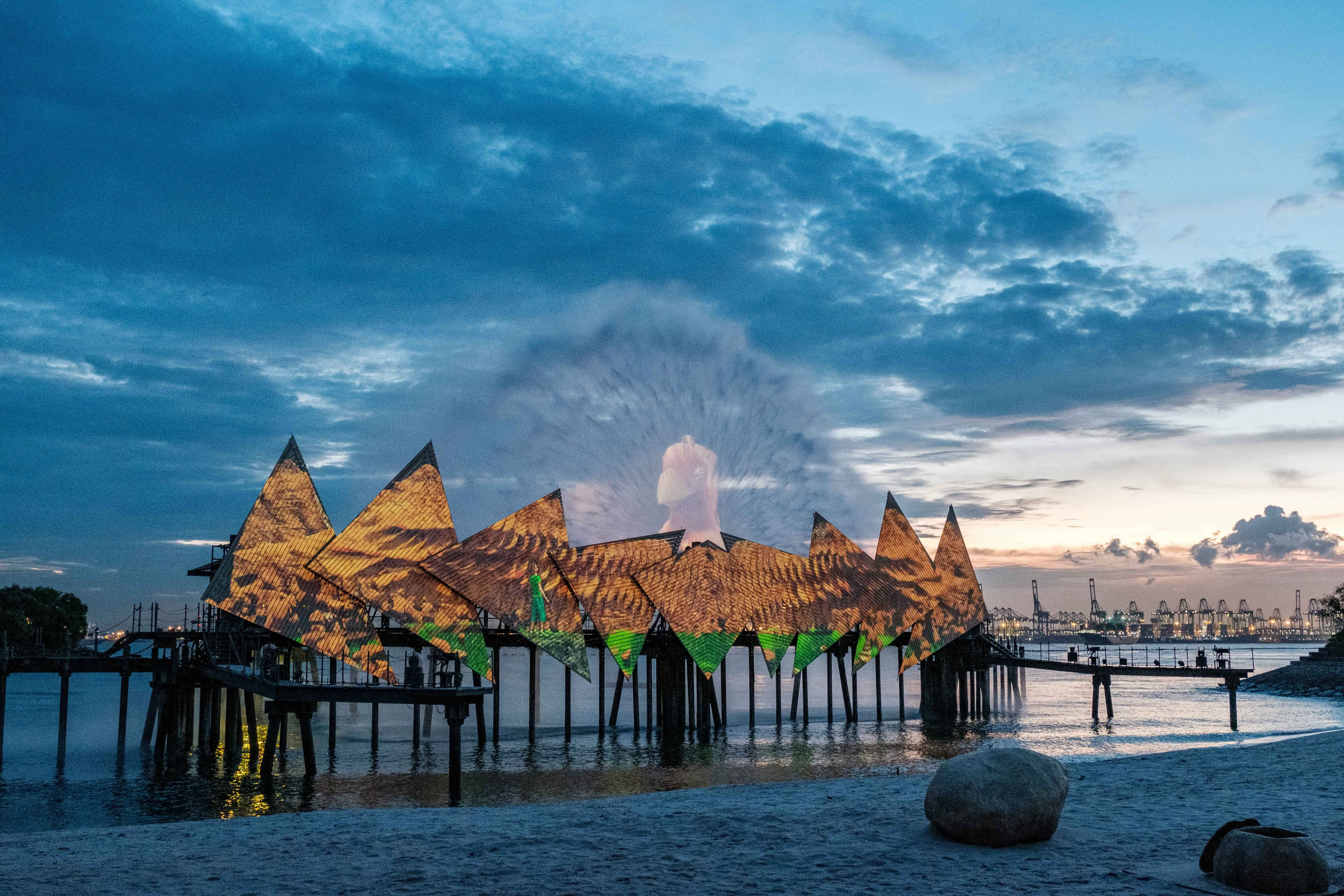 Sentosa Island, sunset, futuristic geometric pavilion, 5K Desktop Wallpaper