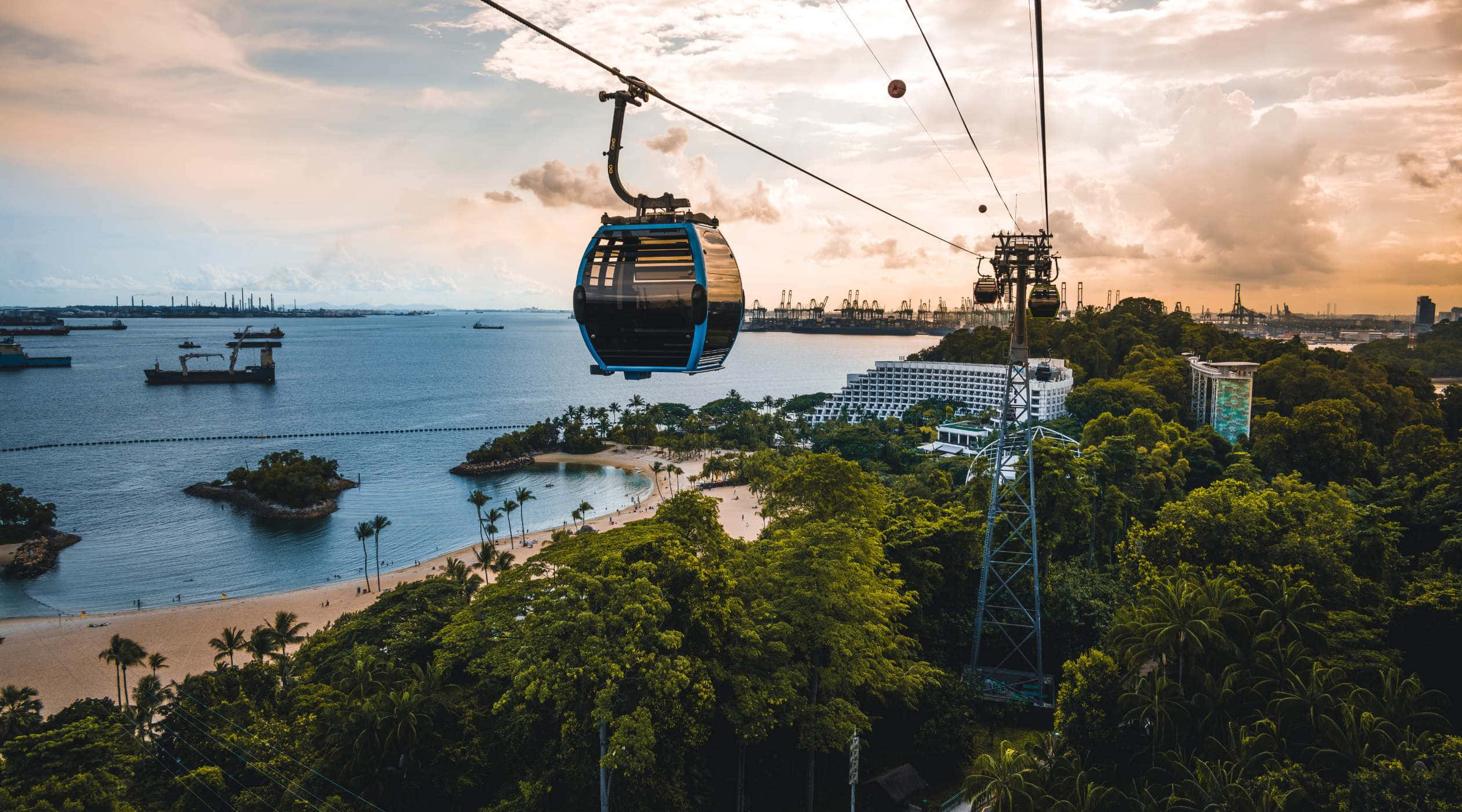 Sentosa Island, cable car, golden sunset, Full HD Desktop Wallpaper
