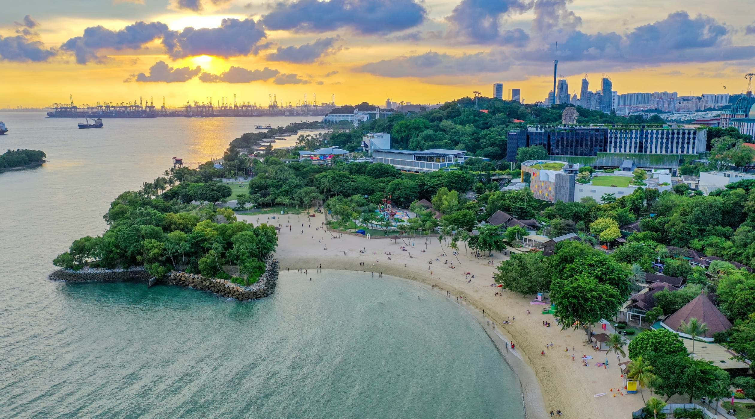 Sentosa Island, sunset, aerial view, Full HD Desktop Wallpaper