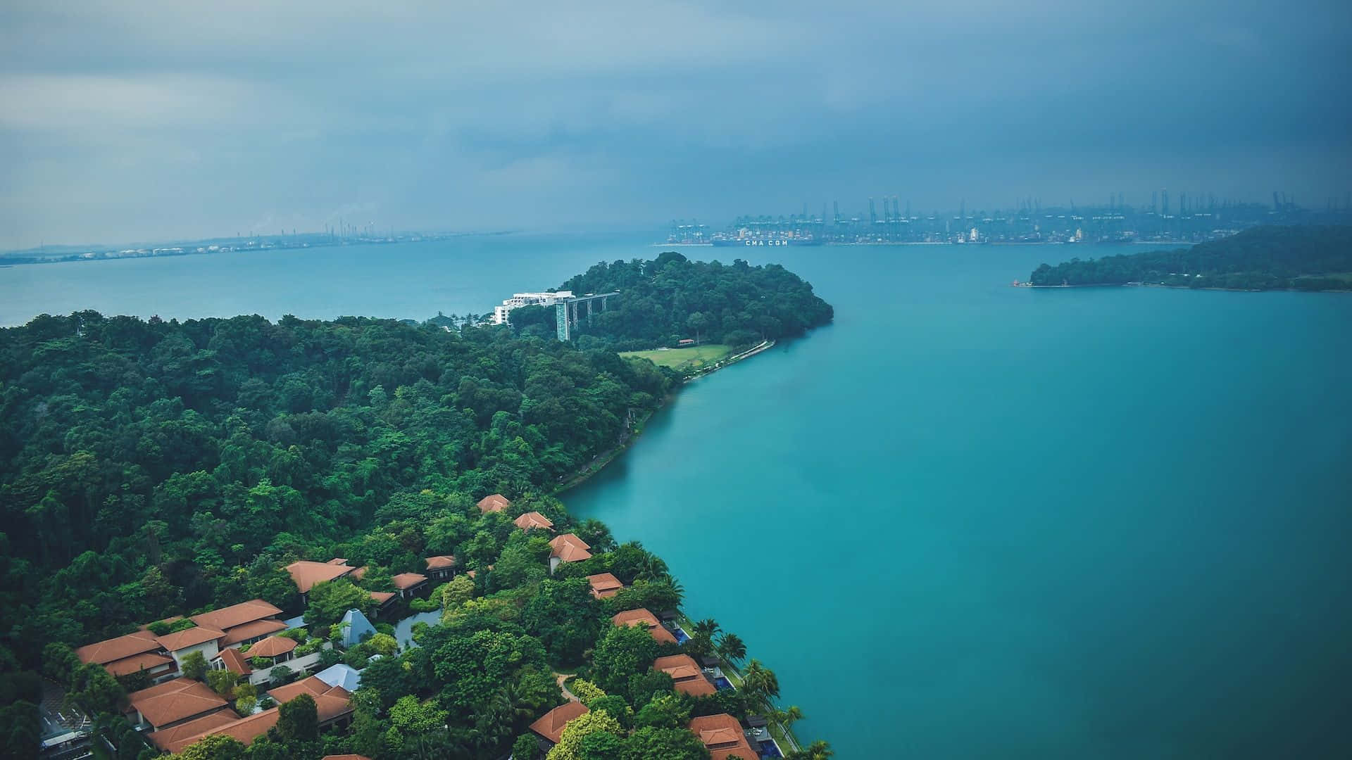 Sentosa Island, coastline, aerial view, Full HD Desktop Wallpaper