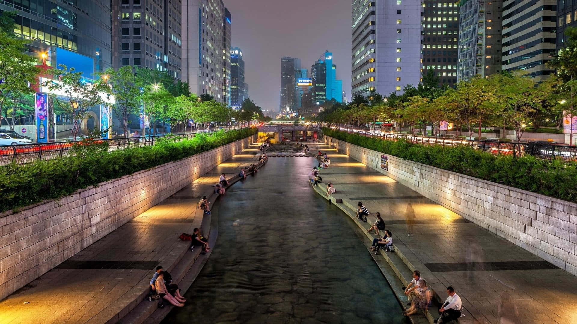Seoul River, night, stone benches, Full HD Desktop Wallpaper