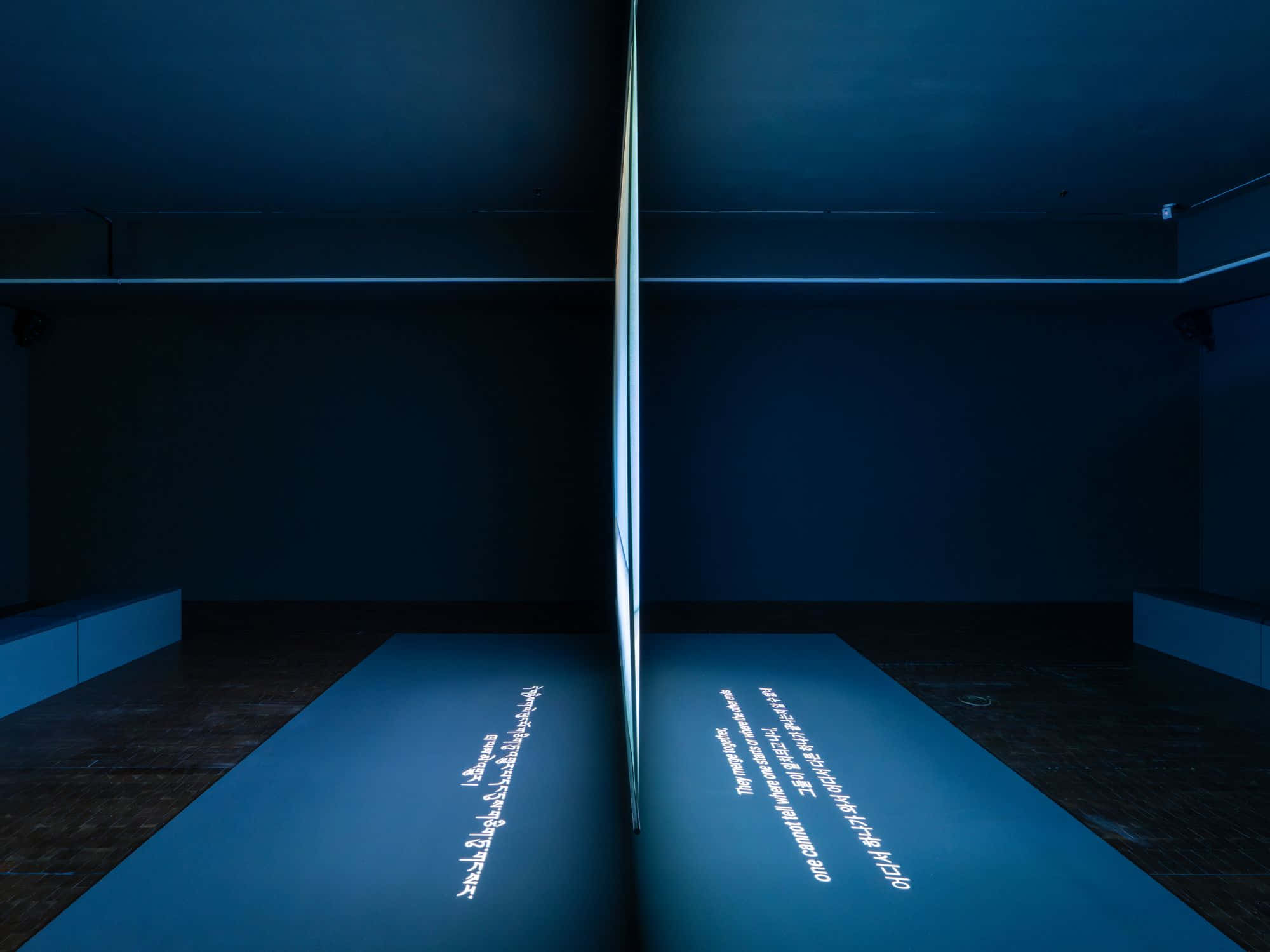 abstract art exhibit, blue room, glowing vertical light, Full HD Desktop Wallpaper