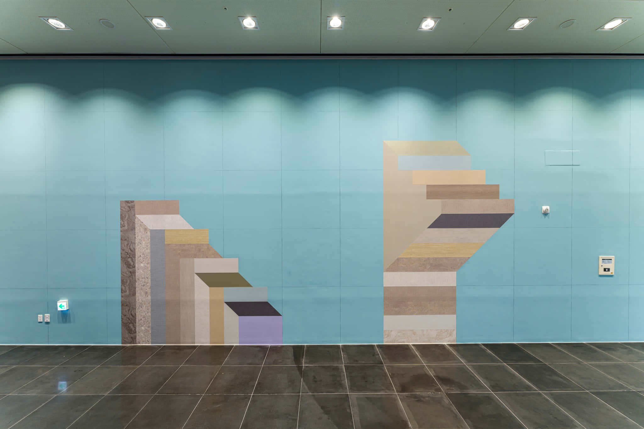 abstract staircase artwork, textured tiles, smooth teal wall, Full HD Desktop Wallpaper