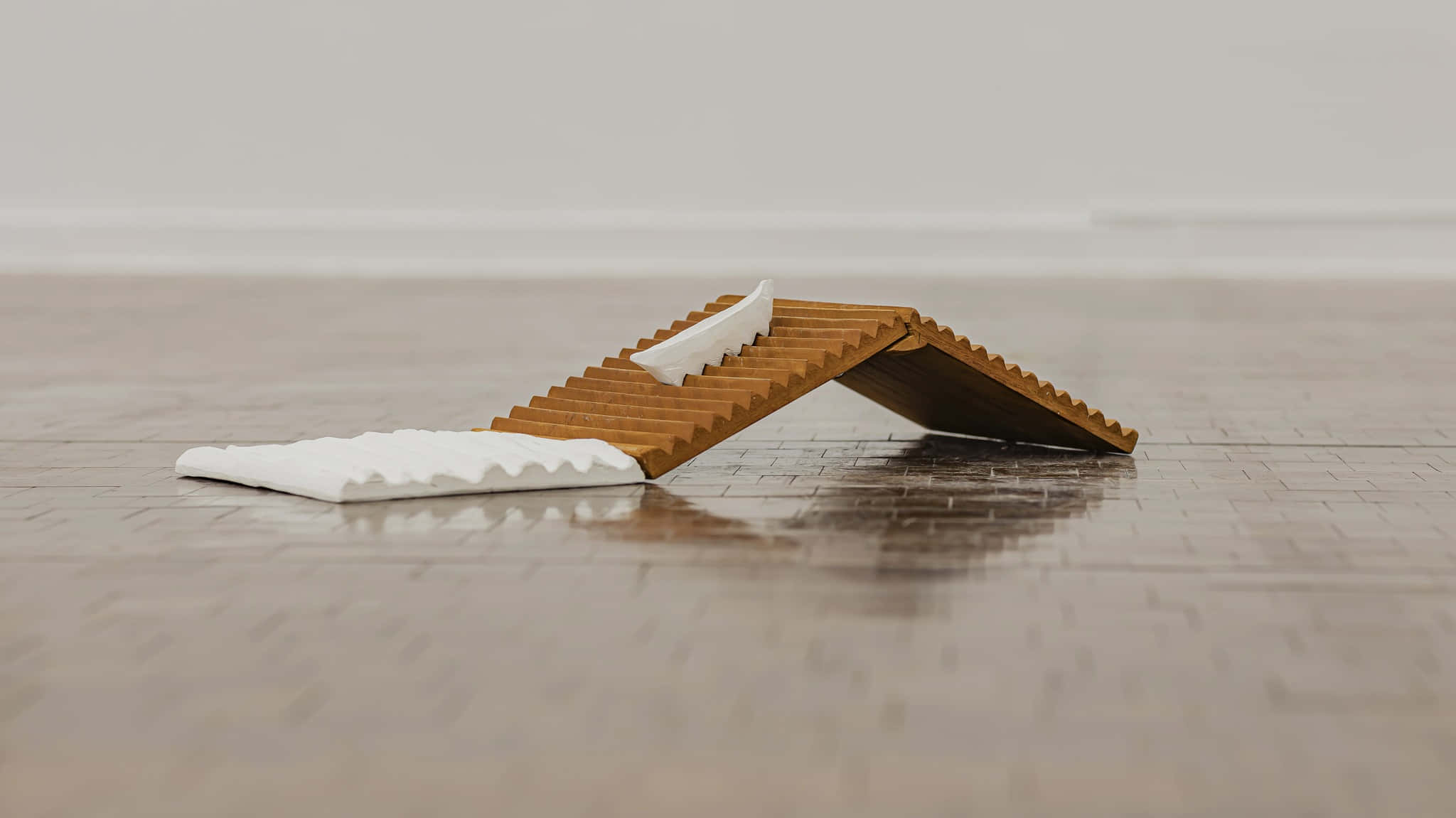 contemporary art sculpture, fallen staircase, wooden ramp, Full HD Desktop Wallpaper