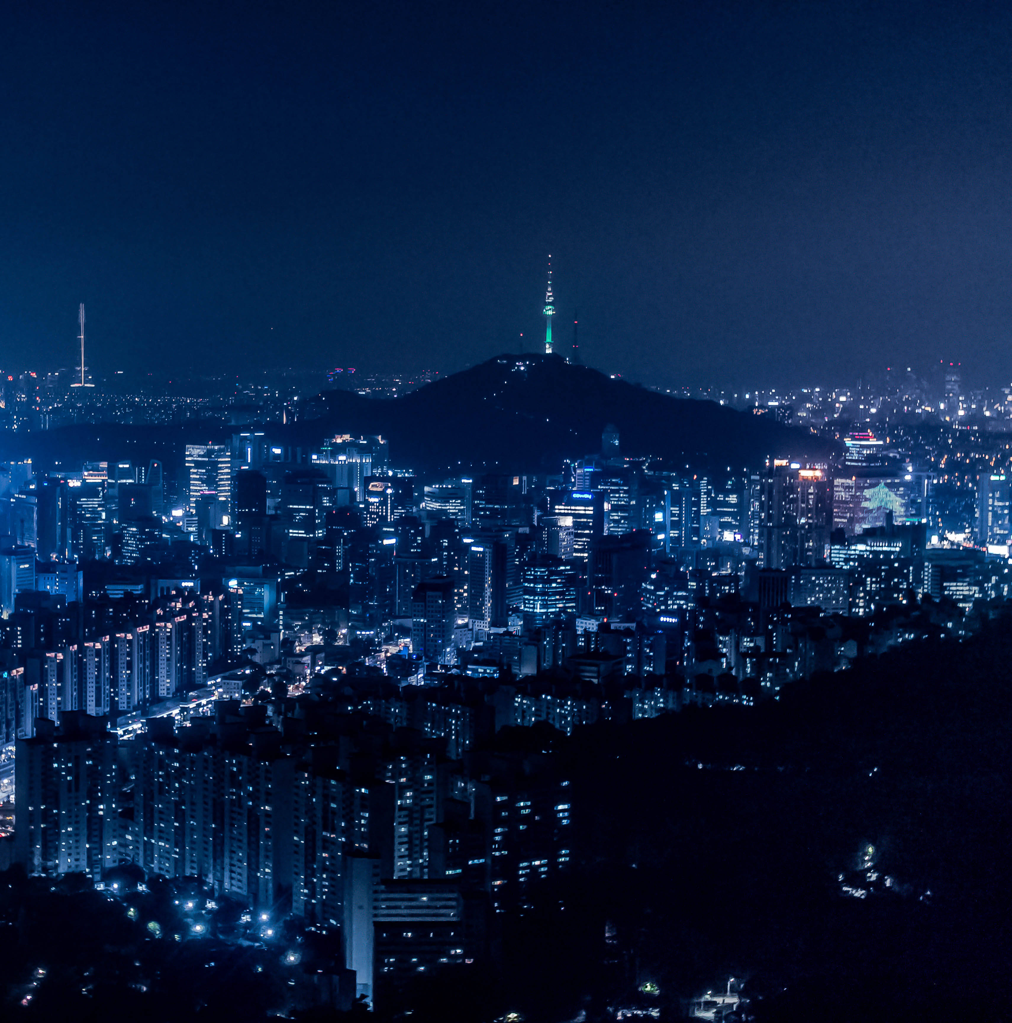 Seoul, dark blue sky, glowing skyscrapers, 2K Phone Wallpaper