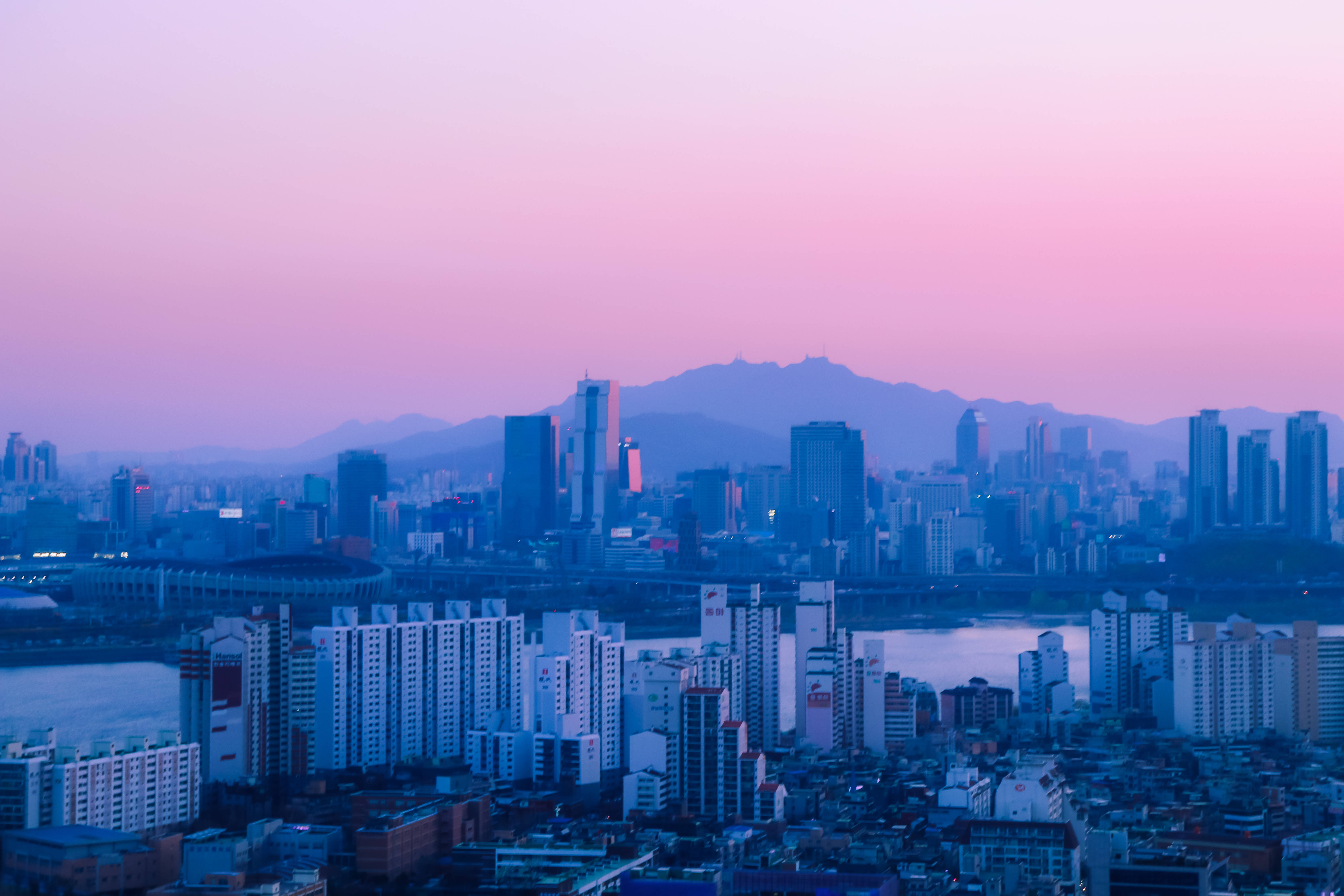 Seoul, pink sky, dusk, 5K Desktop Wallpaper